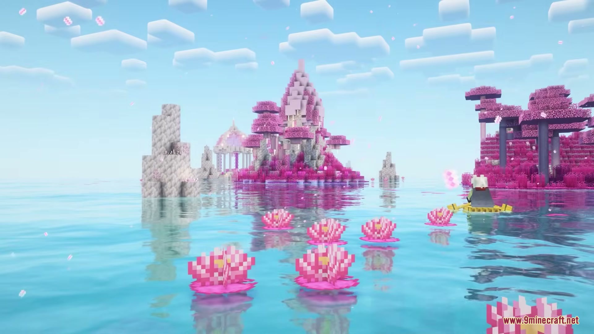 Paster Dream by Aerolite_Dust Mod Screenshot 2 Pink lotus flowers float on clear water near a magical pastel island