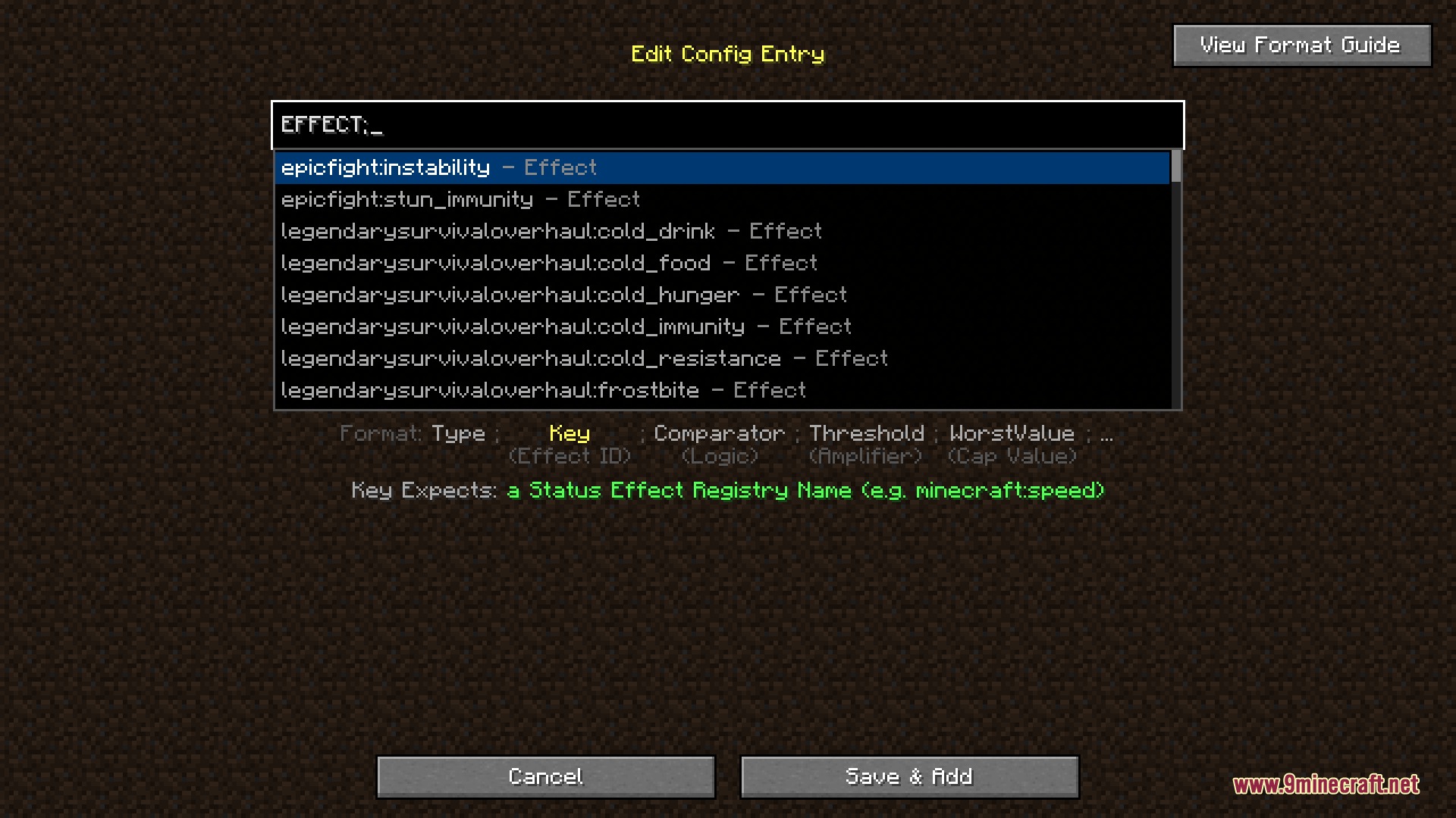 Peak Stamina Mod Screenshot 1 Minecraft configuration menu for editing status effect entries