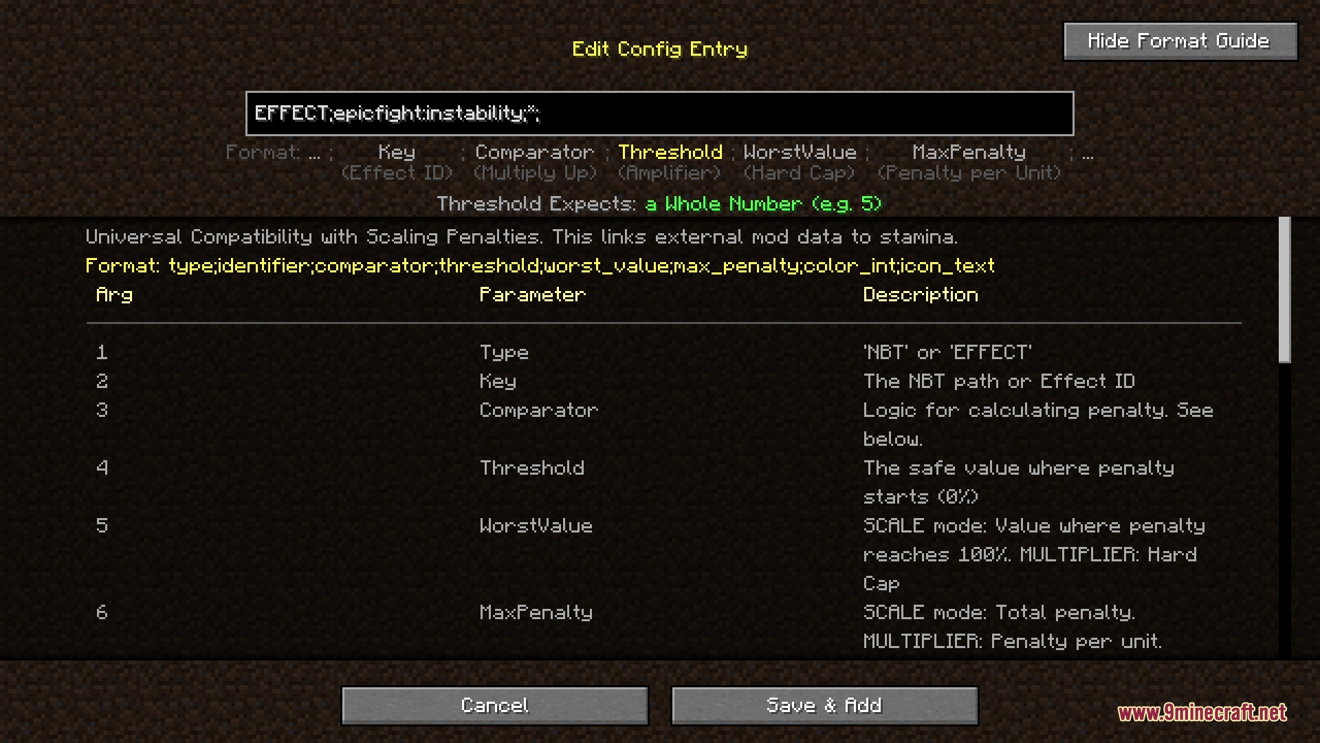 Peak Stamina Mod Screenshot 3 Configuring stamina penalty values and effect identifiers within the settings menu