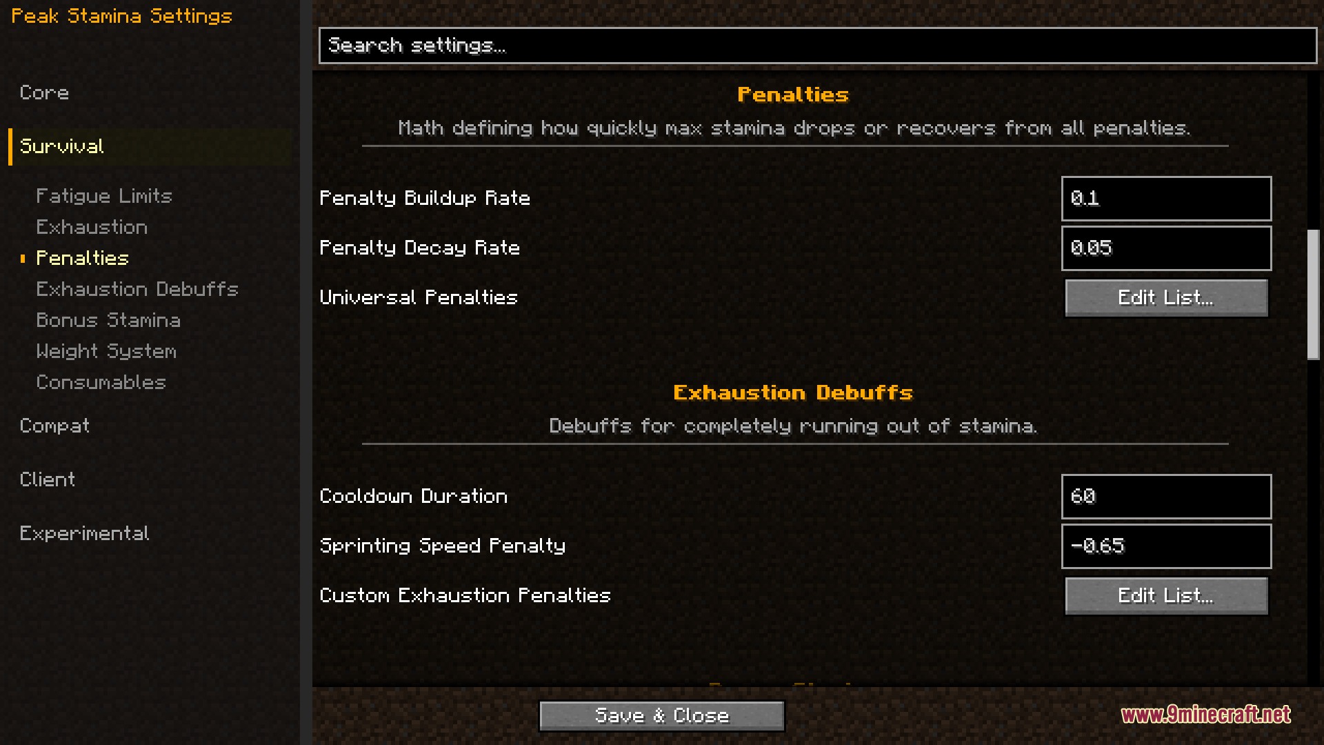 Peak Stamina Mod Screenshot 5 Peak Stamina settings menu for configuring penalty rates and exhaustion debuffs