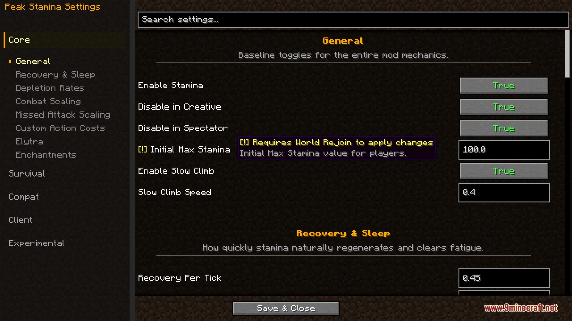 Peak Stamina Mod Screenshot 8 Peak Stamina settings menu for adjusting general mechanics and stamina recovery rates