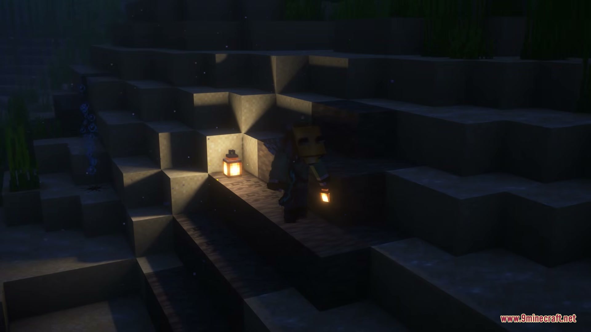 Pelagic Prehistory Mod Screenshot 2 A player explores the dark ocean floor using lanterns for light