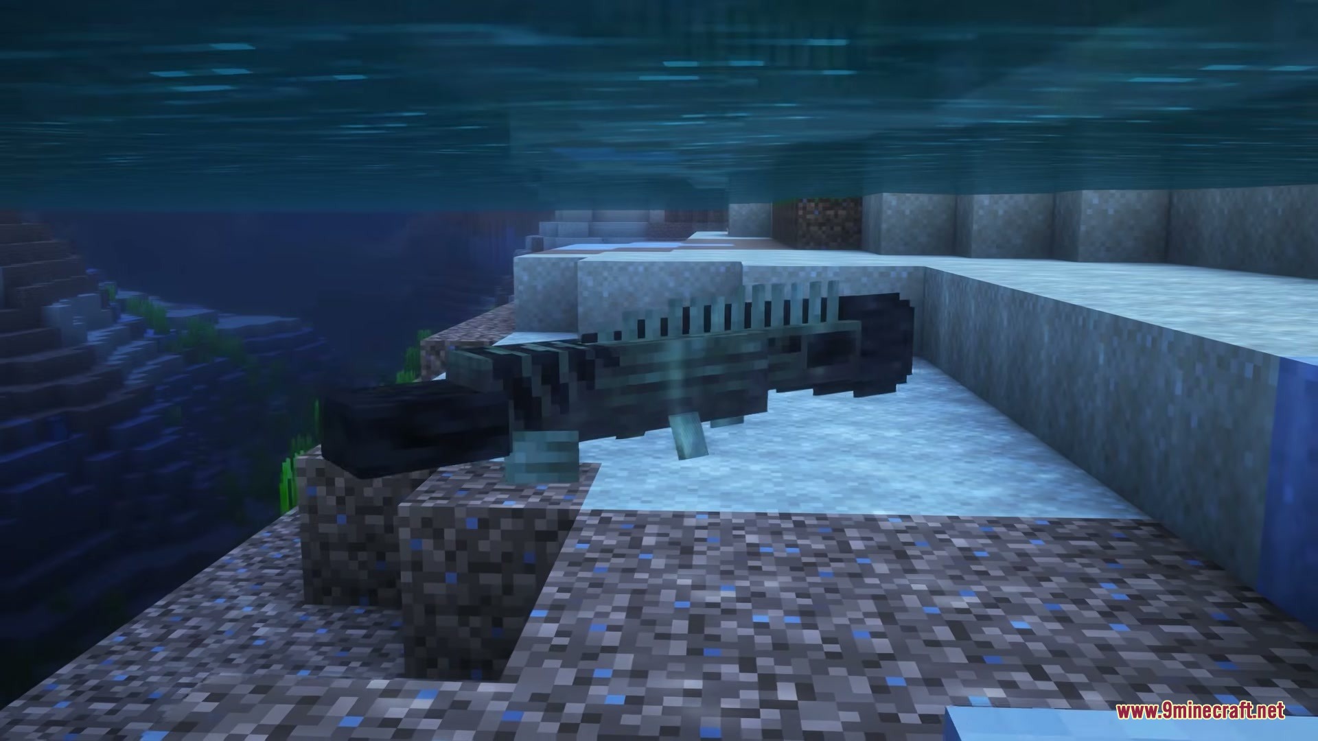 Pelagic Prehistory Mod Screenshot 4 Prehistoric armored fish swimming through the water near the rocky ocean floor