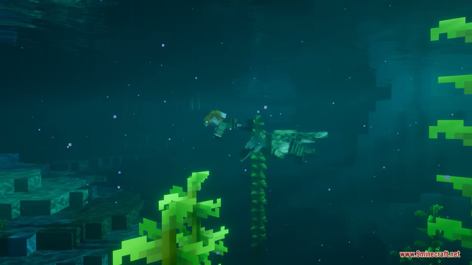 Pelagic Prehistory Mod Screenshot 5 A prehistoric Spinosaurus swims through deep blue water near tall kelp plants