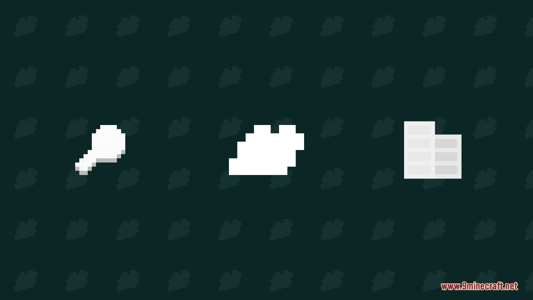 Three white pixelated icons representing game features on a dark background
