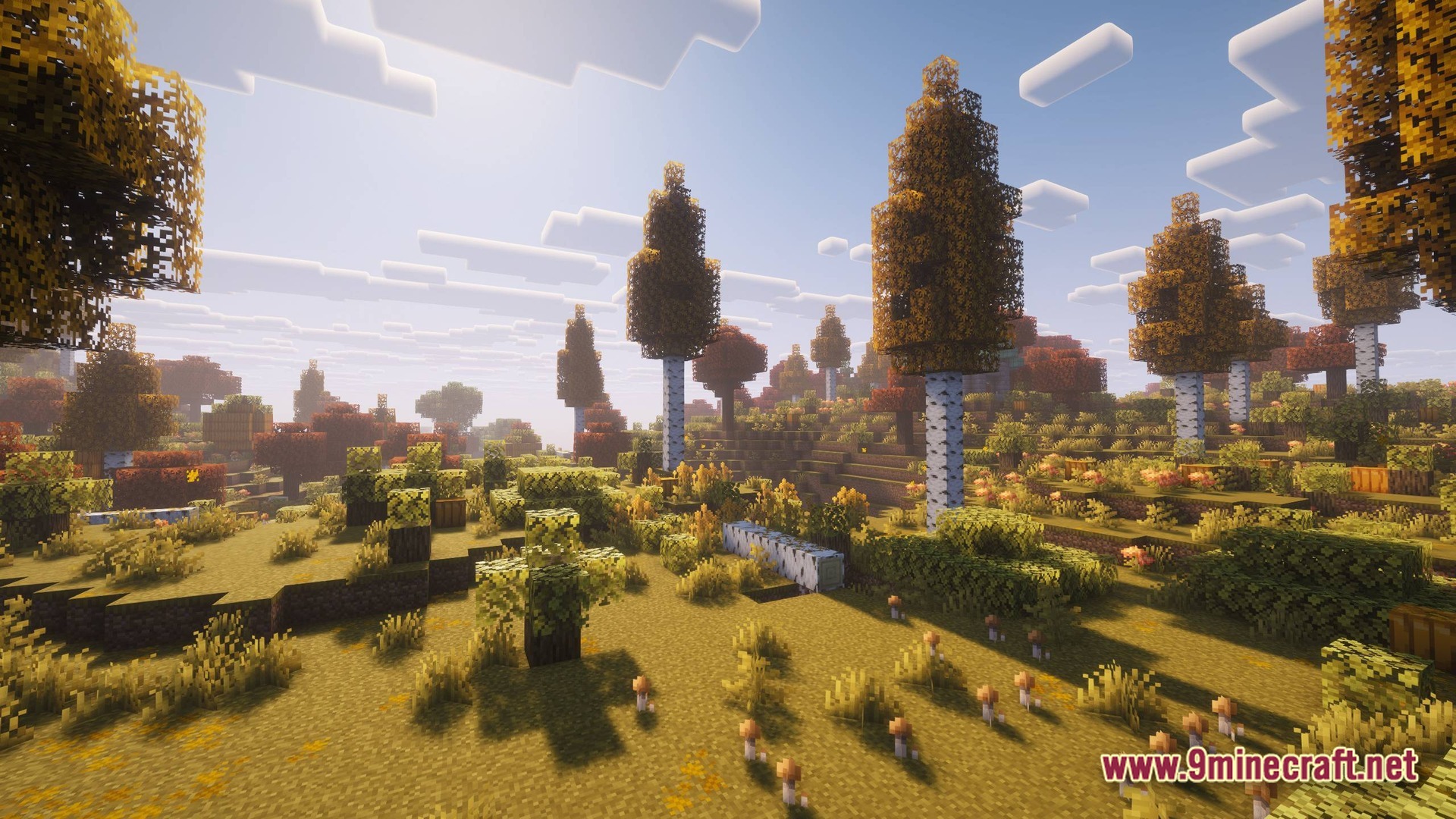 Perennial Core Modpack Screenshot 2 An autumn-themed birch forest biome featuring orange foliage, fallen logs, and mushrooms under a bright sky