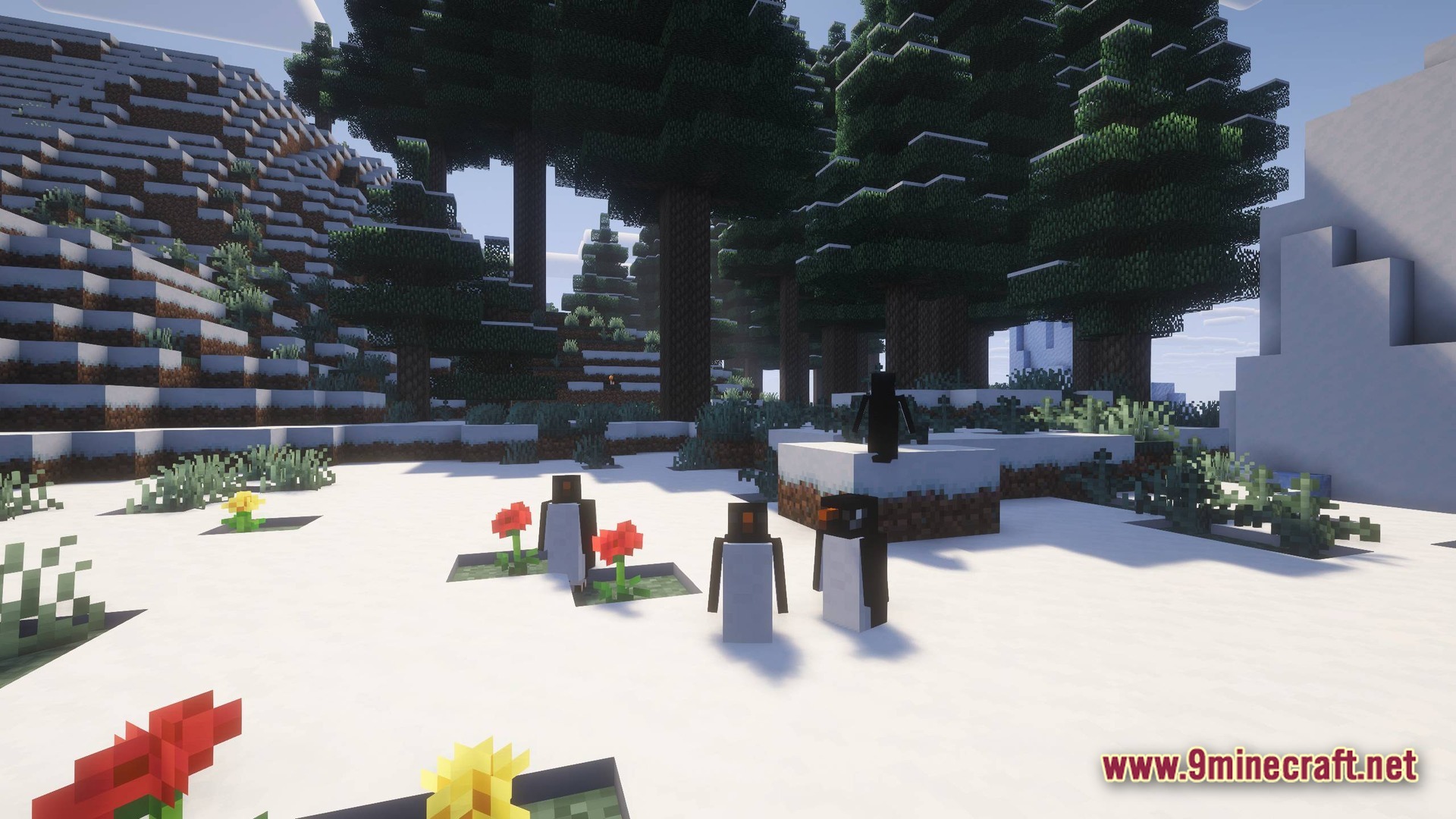 Perennial Core Modpack Screenshot 4 A group of penguins stands in a snowy biome near large spruce trees and red flowers