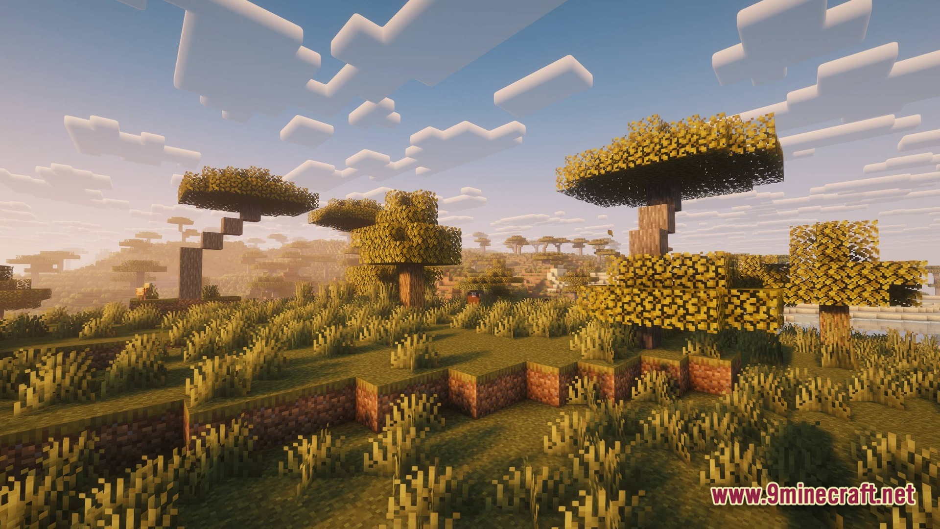 Perennial Core Modpack Screenshot 5 A sprawling savanna biome featuring acacia trees and tall grass under a bright, cloudy sky