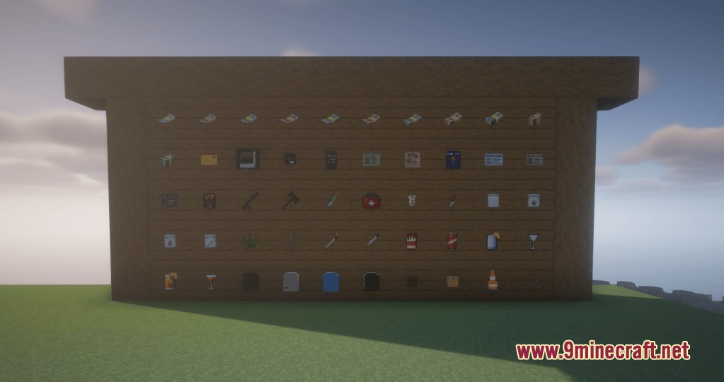 Persona Craft Enhancer Mod Screenshot 2 A display of various roleplay items and accessories on a wooden wall