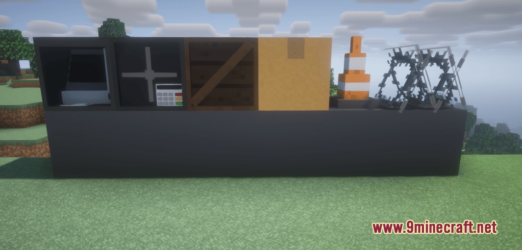 Persona Craft Enhancer Mod Screenshot 4 Functional roleplay blocks including bank terminals crates and traffic cones on display