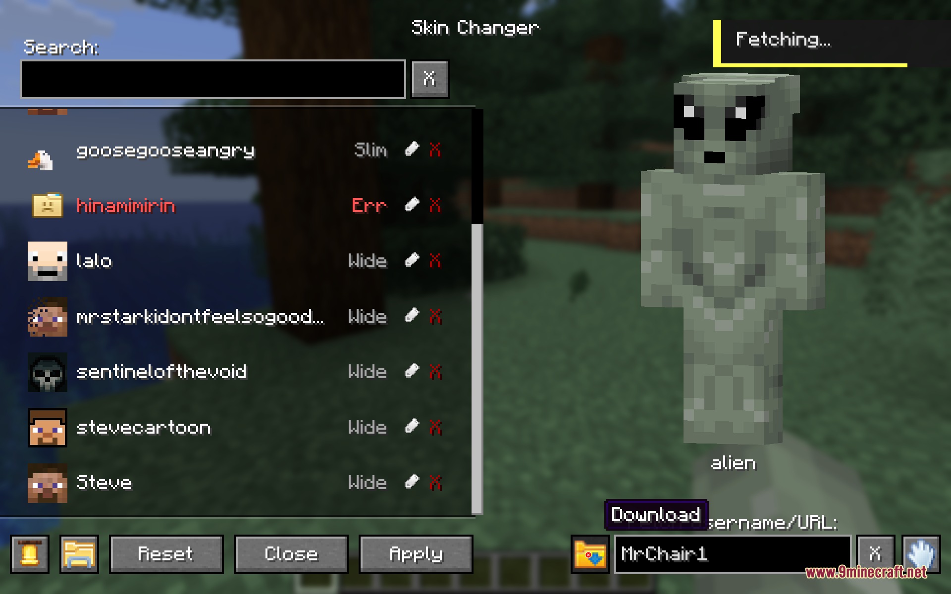 Previewing a grey alien skin model in the skin changer menu