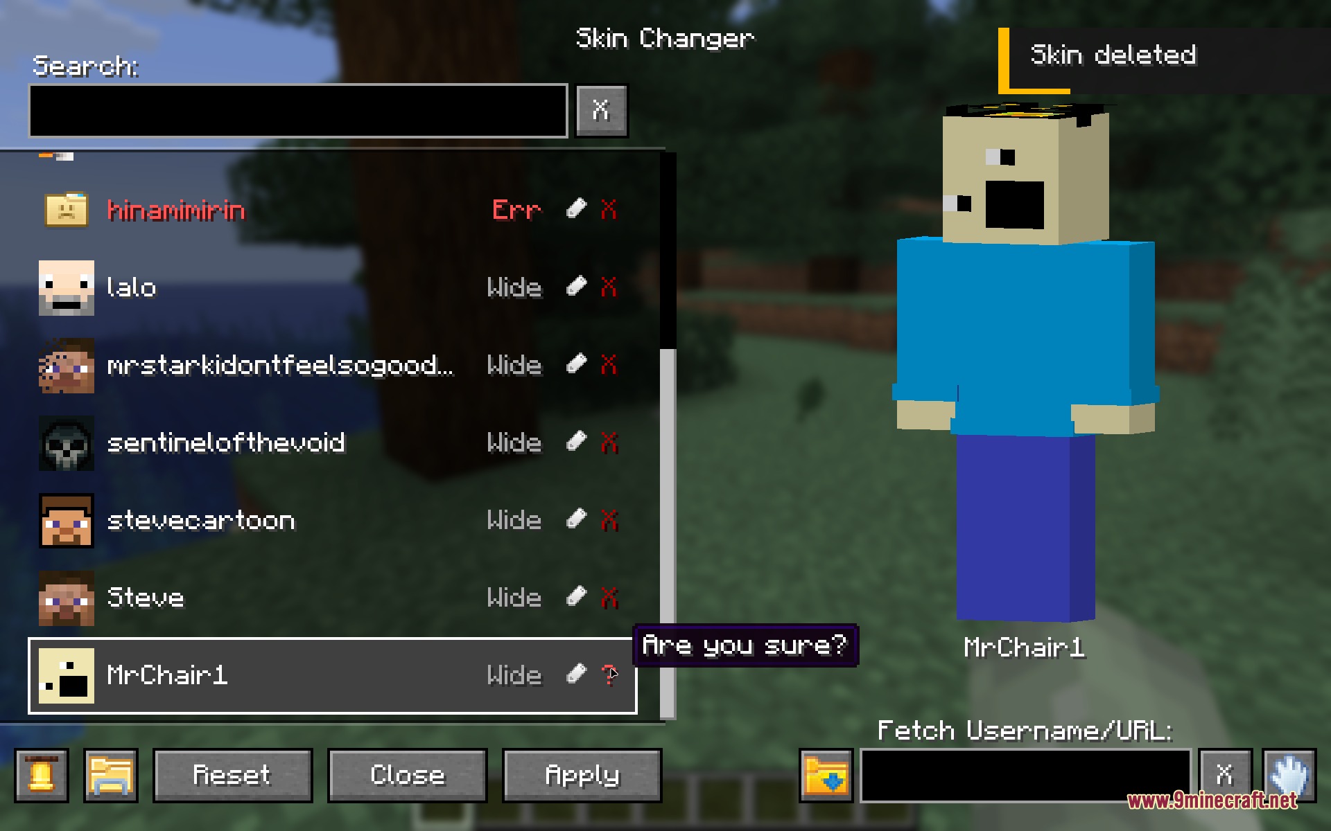 Confirming the deletion of a player skin in the skin changer menu