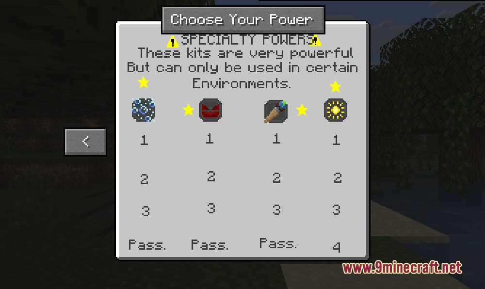 A custom menu interface for selecting specialty powers and unique character abilities