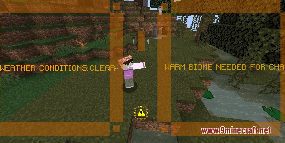 Minecraft player character viewing weather and biome status messages with warning icon