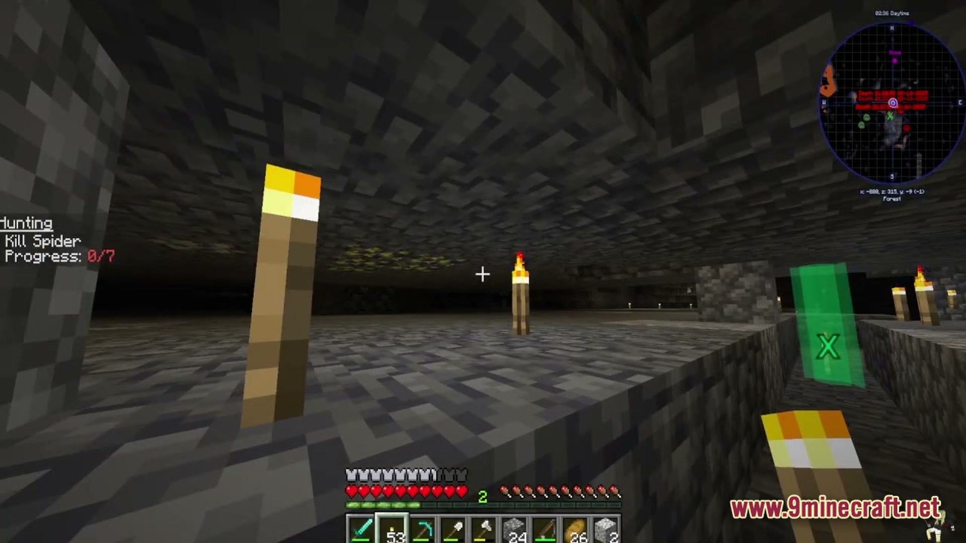 Petalwood Whispers Modpack Screenshot 1 A player explores a dark underground cavern illuminated by torches with a hunting quest active