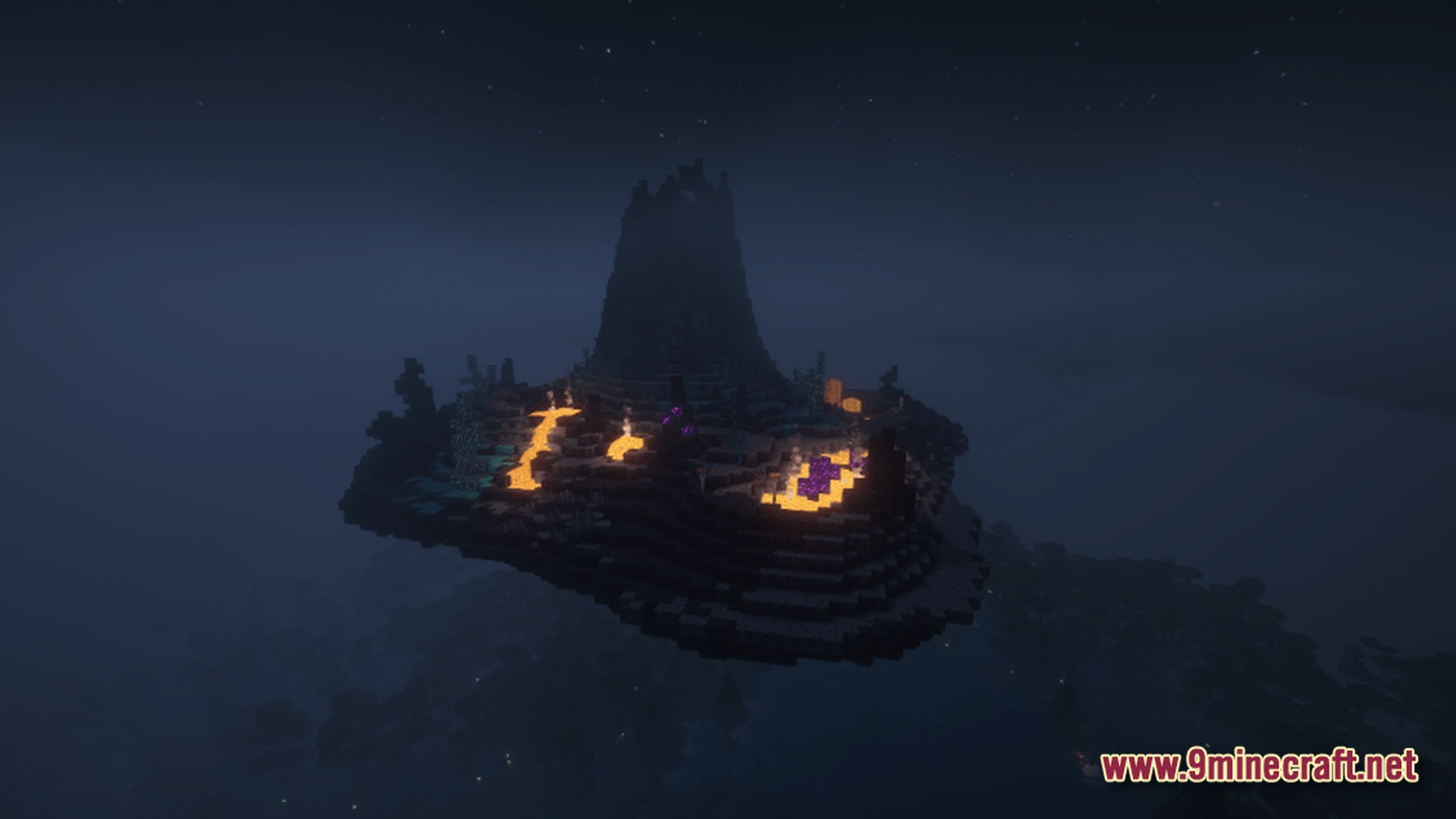 Petalwood Whispers Modpack Screenshot 10 A floating volcanic island with lava flows and glowing crystals hovering over a dark forest at night