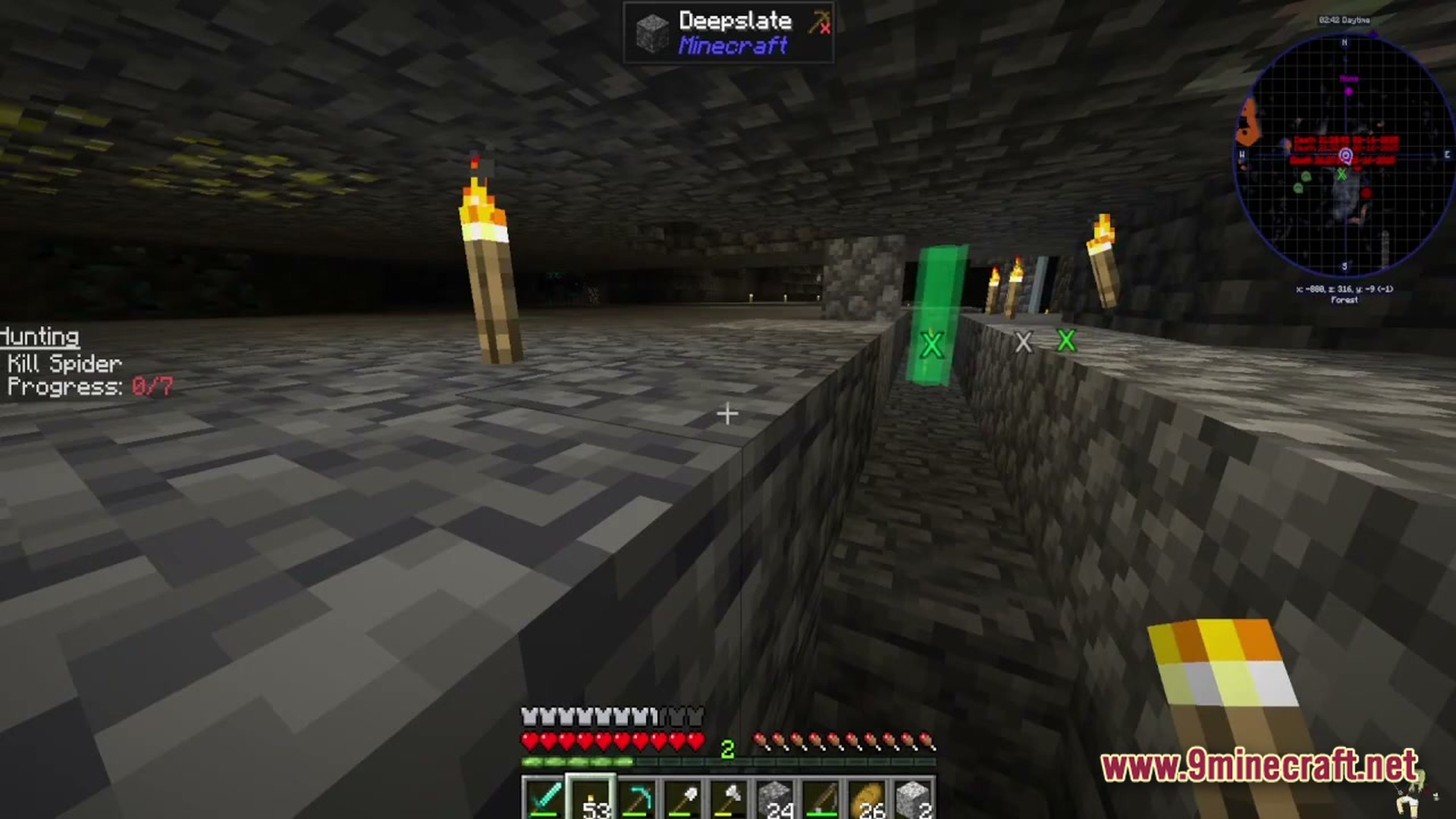 Petalwood Whispers Modpack Screenshot 2 A player explores a deepslate cave with torches, a minimap, and an active spider hunting quest