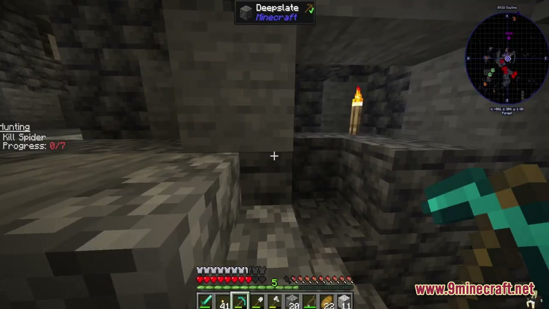 Petalwood Whispers Modpack Screenshot 4 A player holding a diamond pickaxe explores a deepslate cave with a hunting quest active