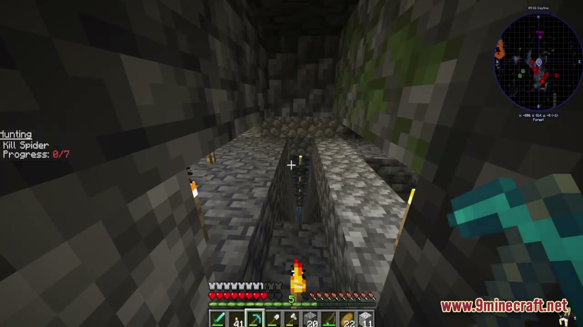 Petalwood Whispers Modpack Screenshot 5 A player holds a diamond pickaxe while standing above a narrow cobblestone staircase in a dark dungeon