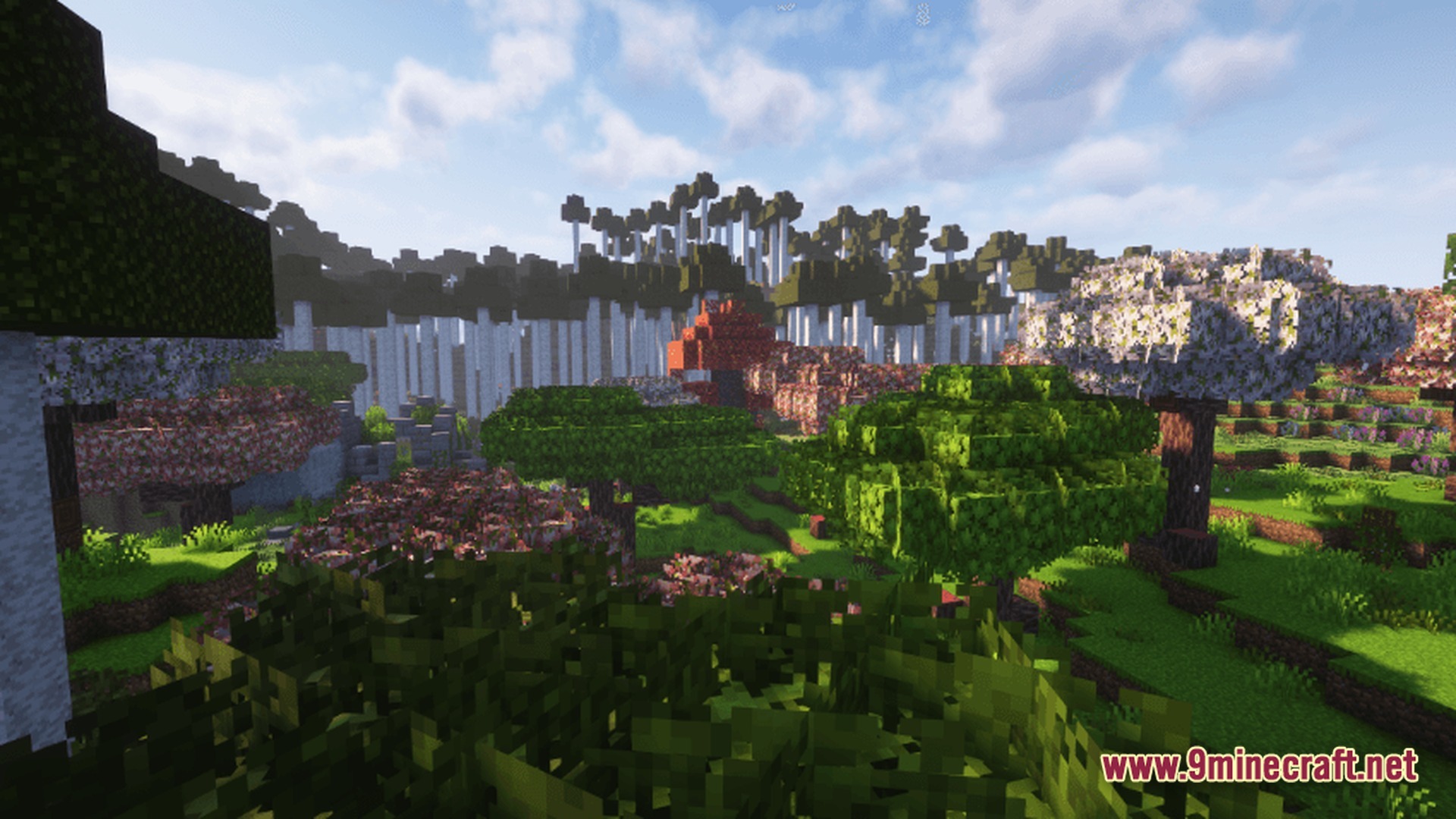 Petalwood Whispers Modpack Screenshot 7 A lush landscape featuring diverse custom trees, flowering bushes, and a distant white-trunked forest under shaders