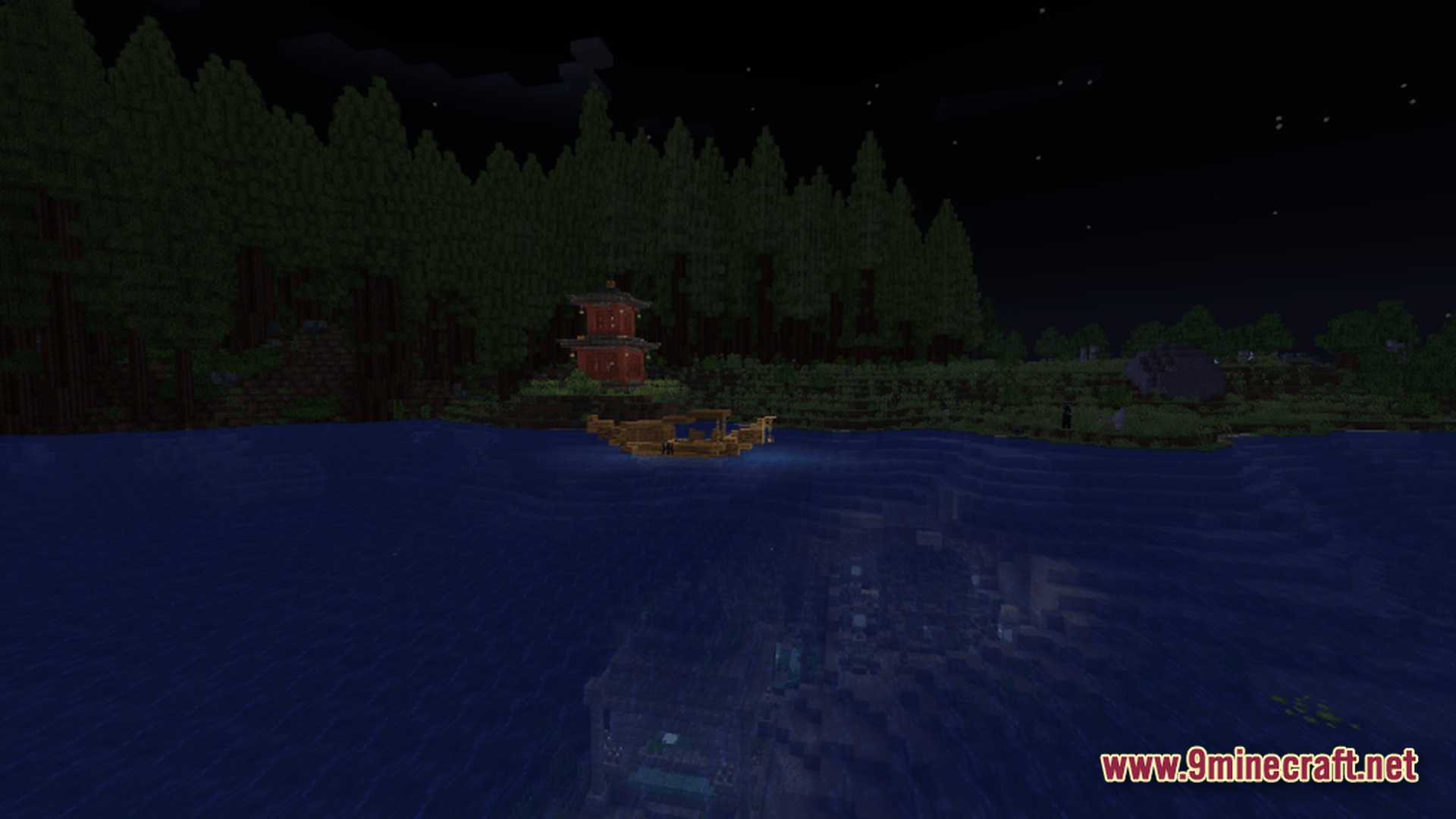 Petalwood Whispers Modpack Screenshot 8 A wooden boat floats on a lake near a red pagoda and a dense pine forest