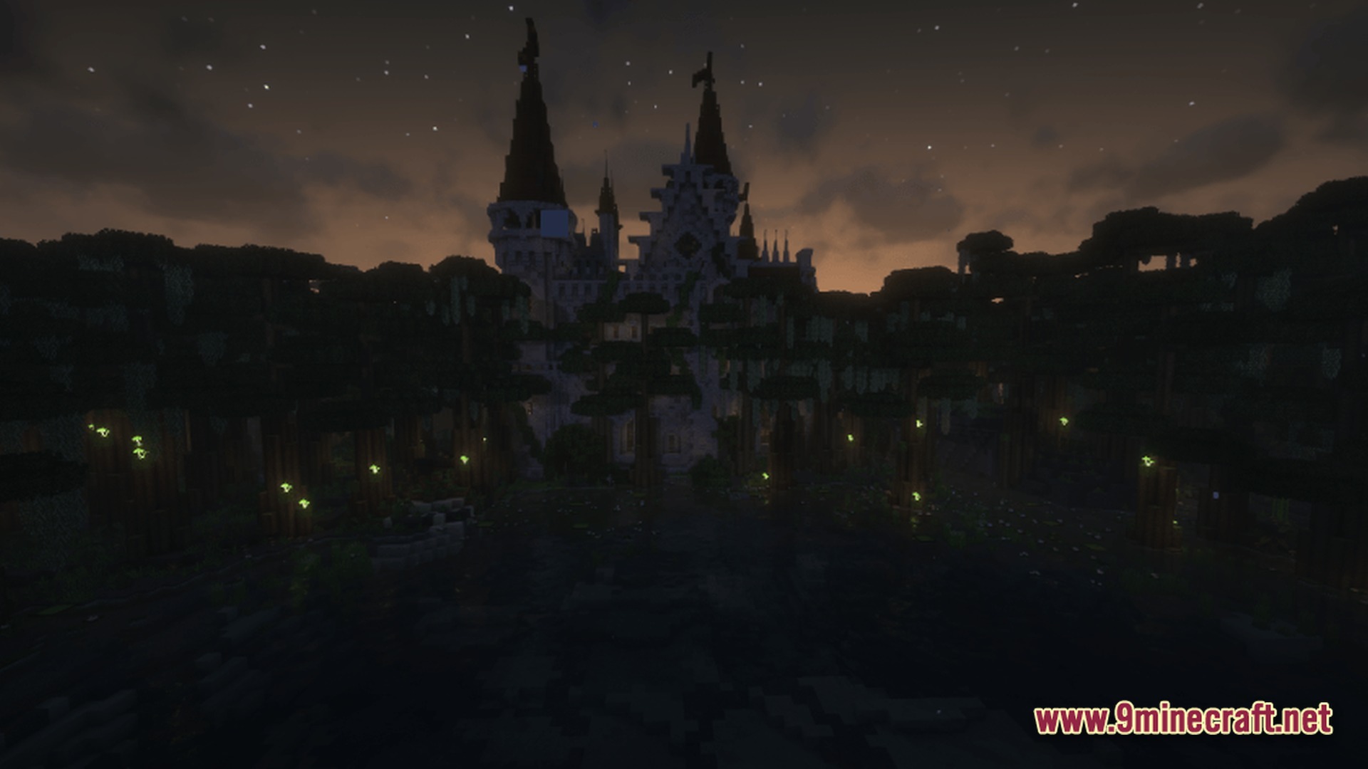Petalwood Whispers Modpack Screenshot 9 A large stone castle with tall spires stands behind a dark forest at twilight