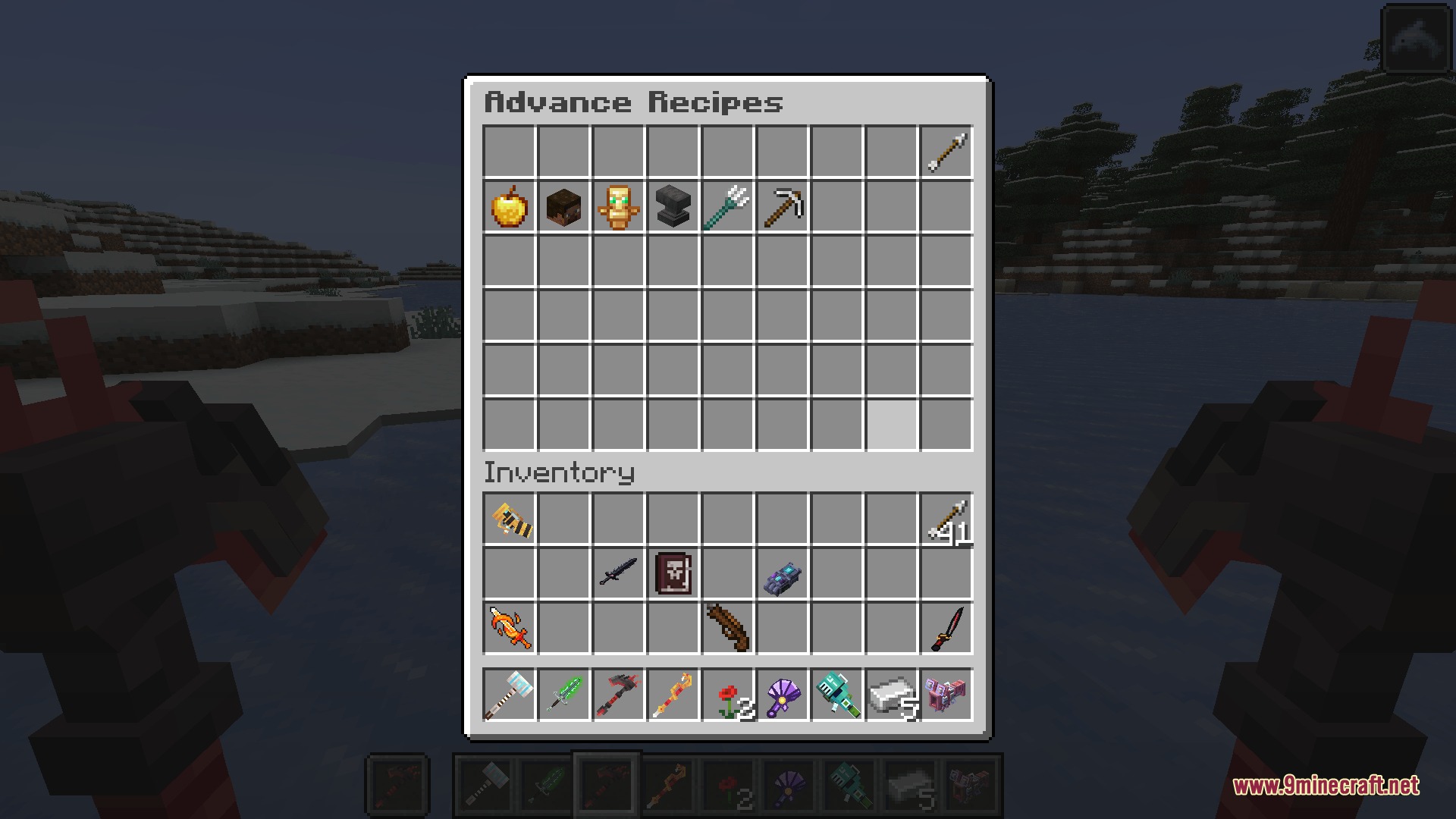 Phalanx Volley Combat Mod Screenshot 1 Minecraft menu showing advanced recipes for items like golden apples and totems
