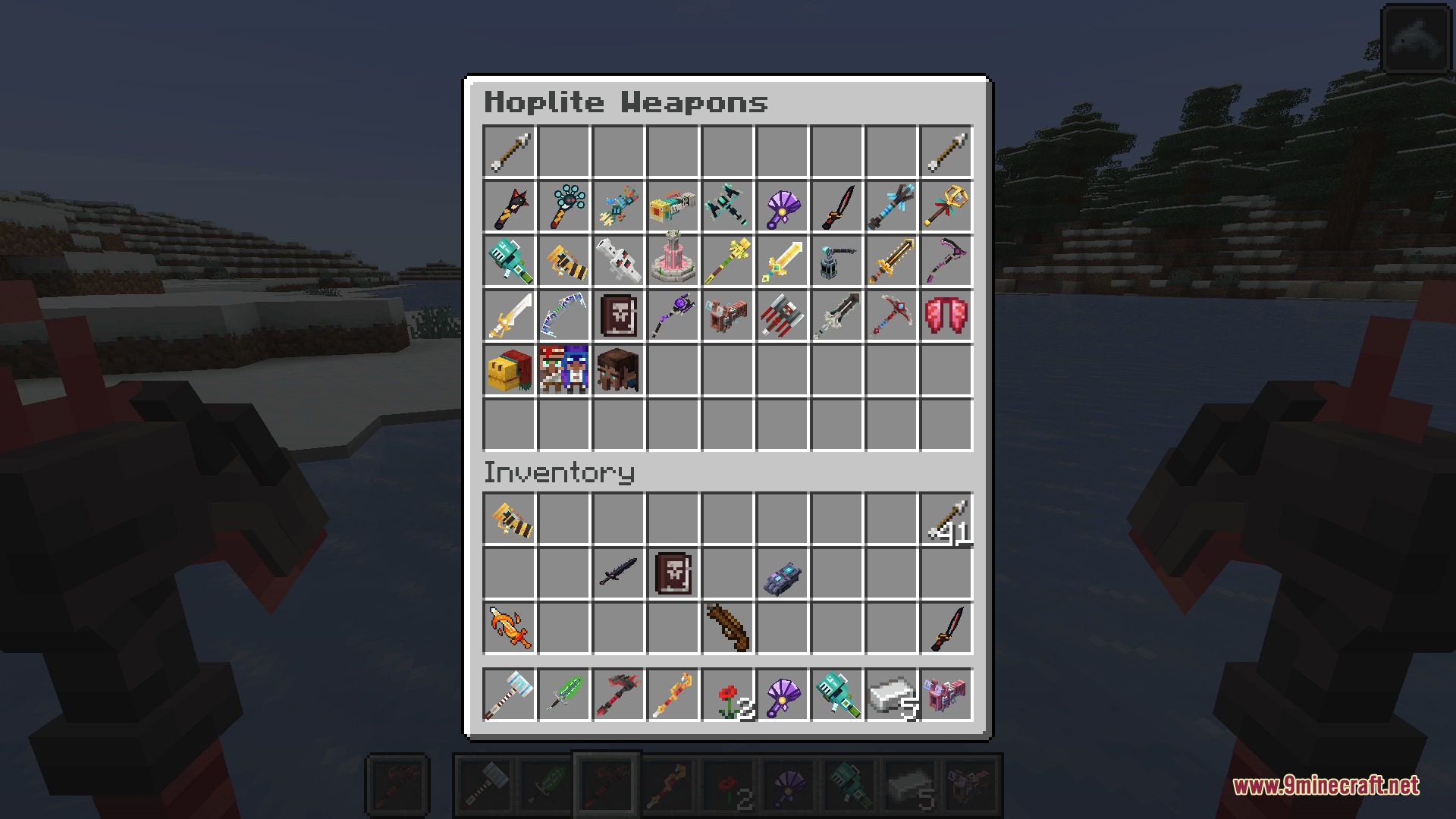 Phalanx Volley Combat Mod Screenshot 3 A Minecraft inventory menu showing various custom weapons from the Hoplite weapons tab