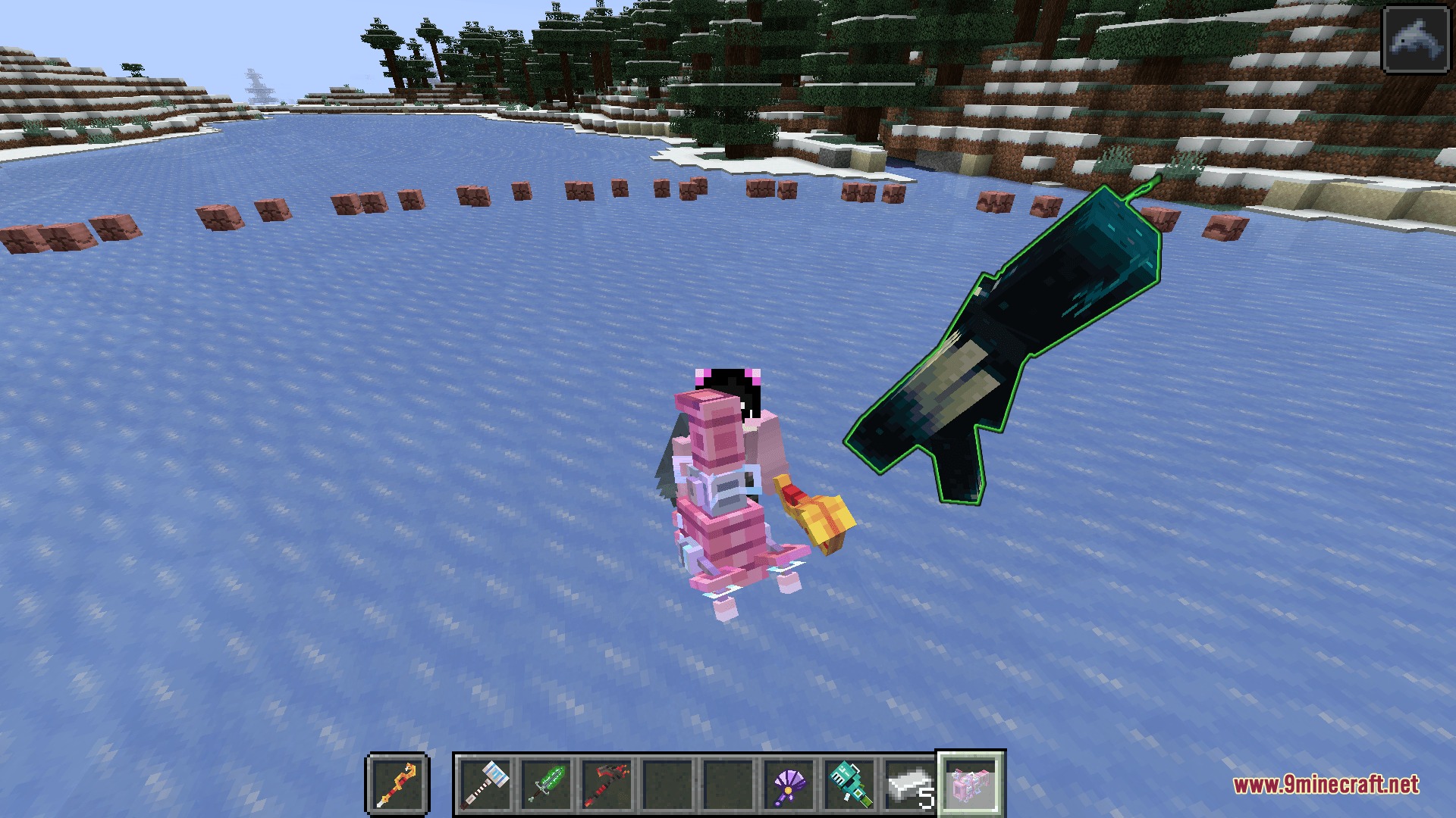 Phalanx Volley Combat Mod Screenshot 5 Player character wielding a custom weapon near a glowing squid on ice