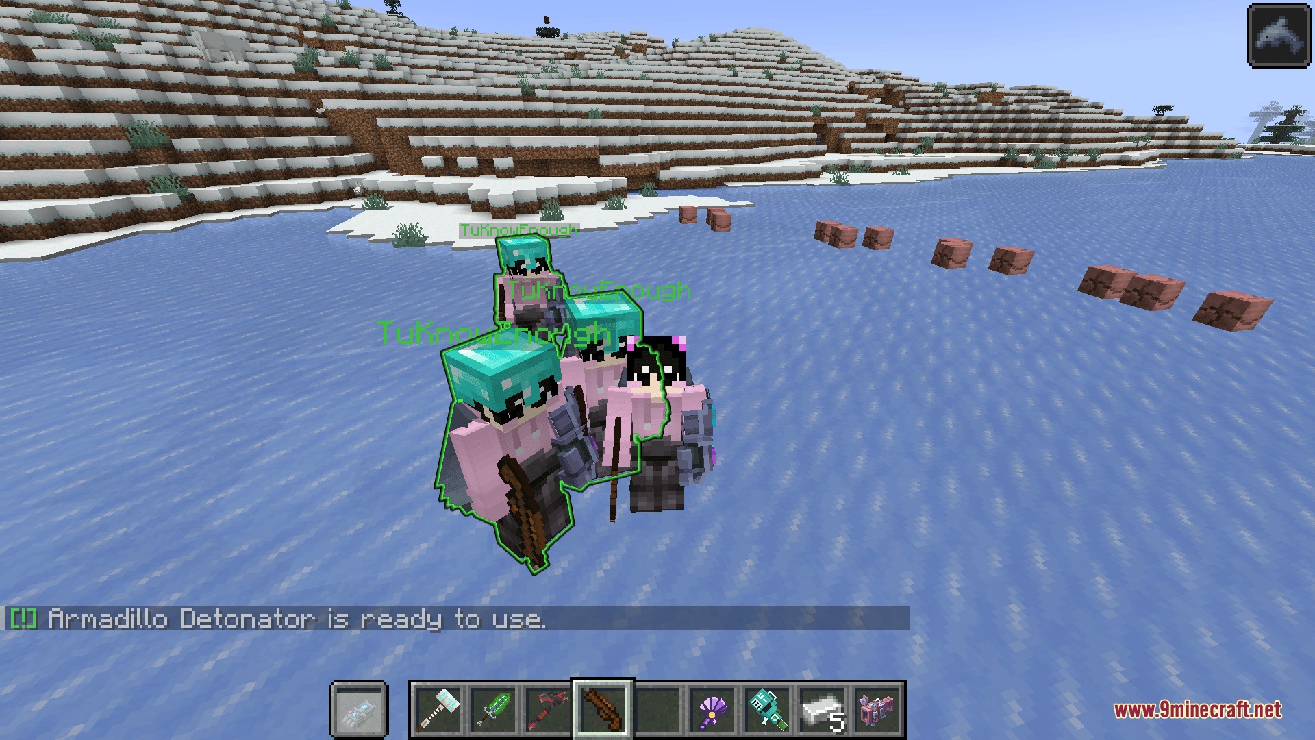 Phalanx Volley Combat Mod Screenshot 6 Group of allied combat bots with diamond helmets on a frozen lake