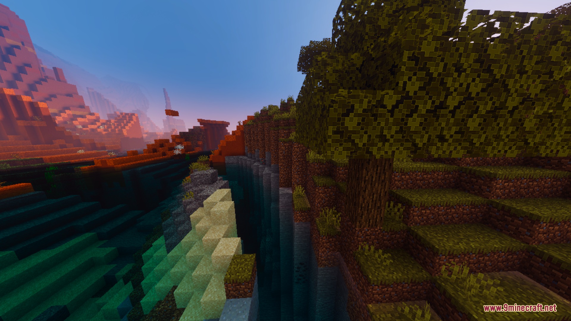 Pie Shader Screenshot 10 Vibrant sunset lighting over a deep river valley between a forest and mesa biome
