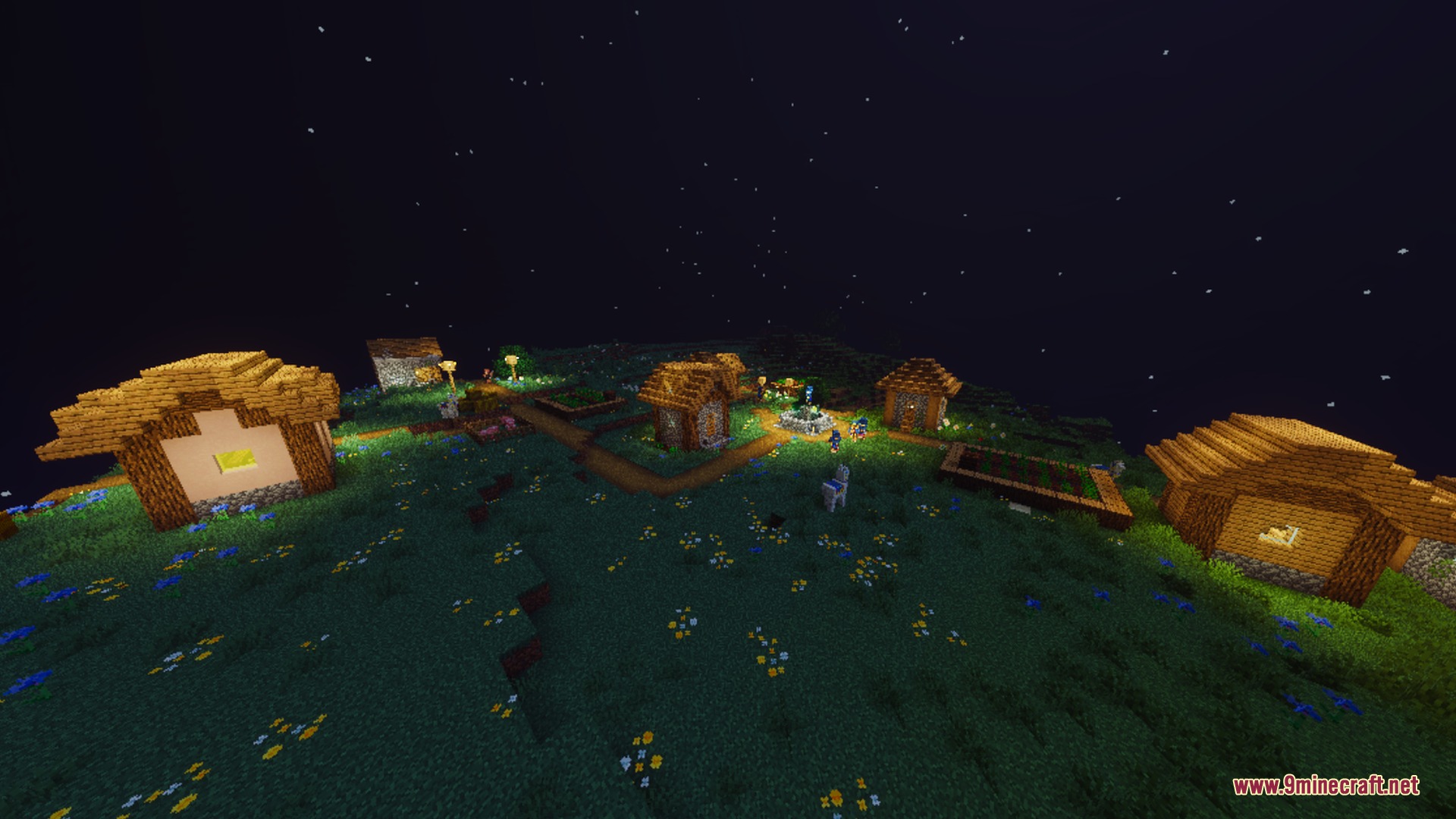 Pie Shader Screenshot 4 Small village at night featuring warm interior lighting and a clear starry sky