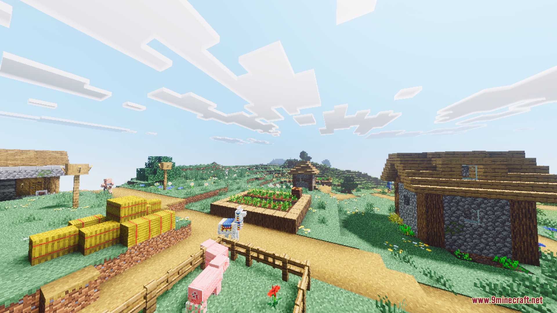 Pie Shader Screenshot 6 Vibrant sunlight shines over a peaceful Minecraft village with farm animals and houses