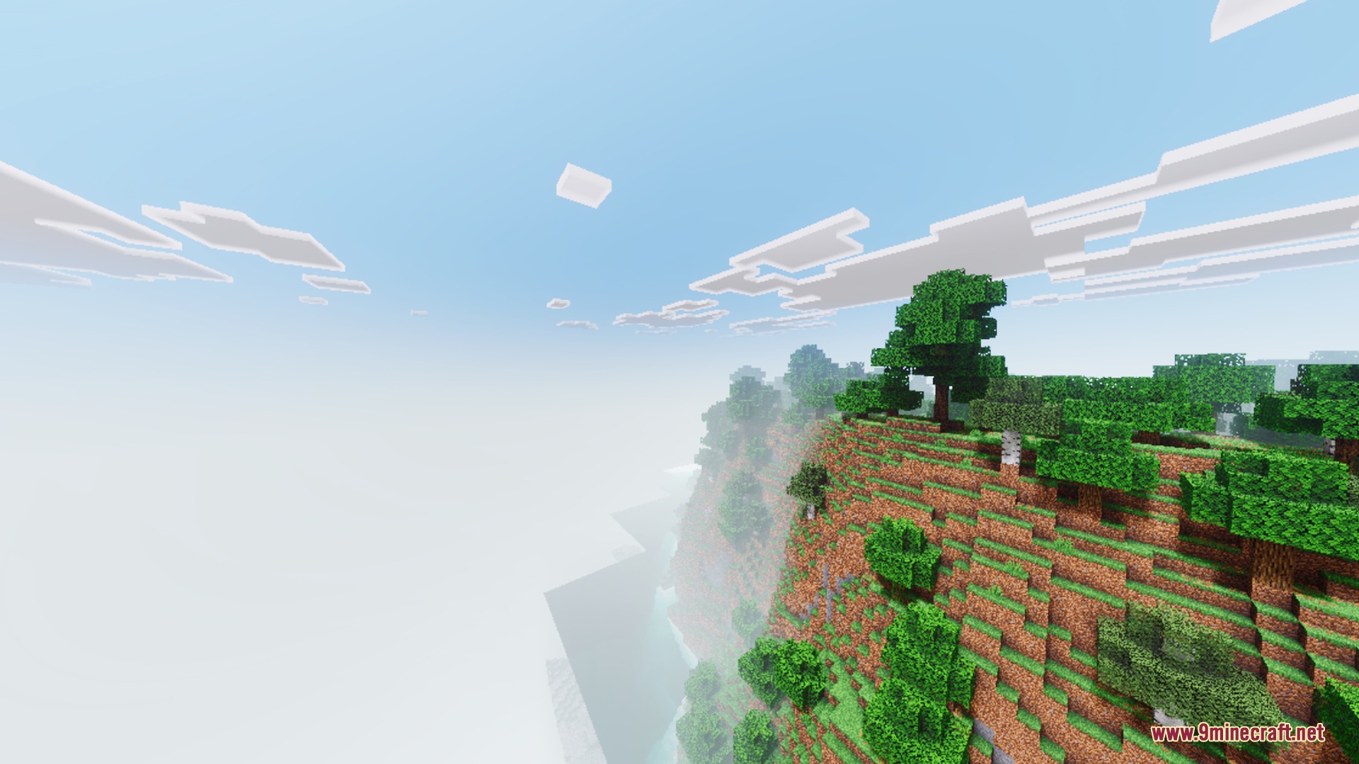Pie Shader Screenshot 7 Lush green trees on a steep cliffside overlooking a dense white fog