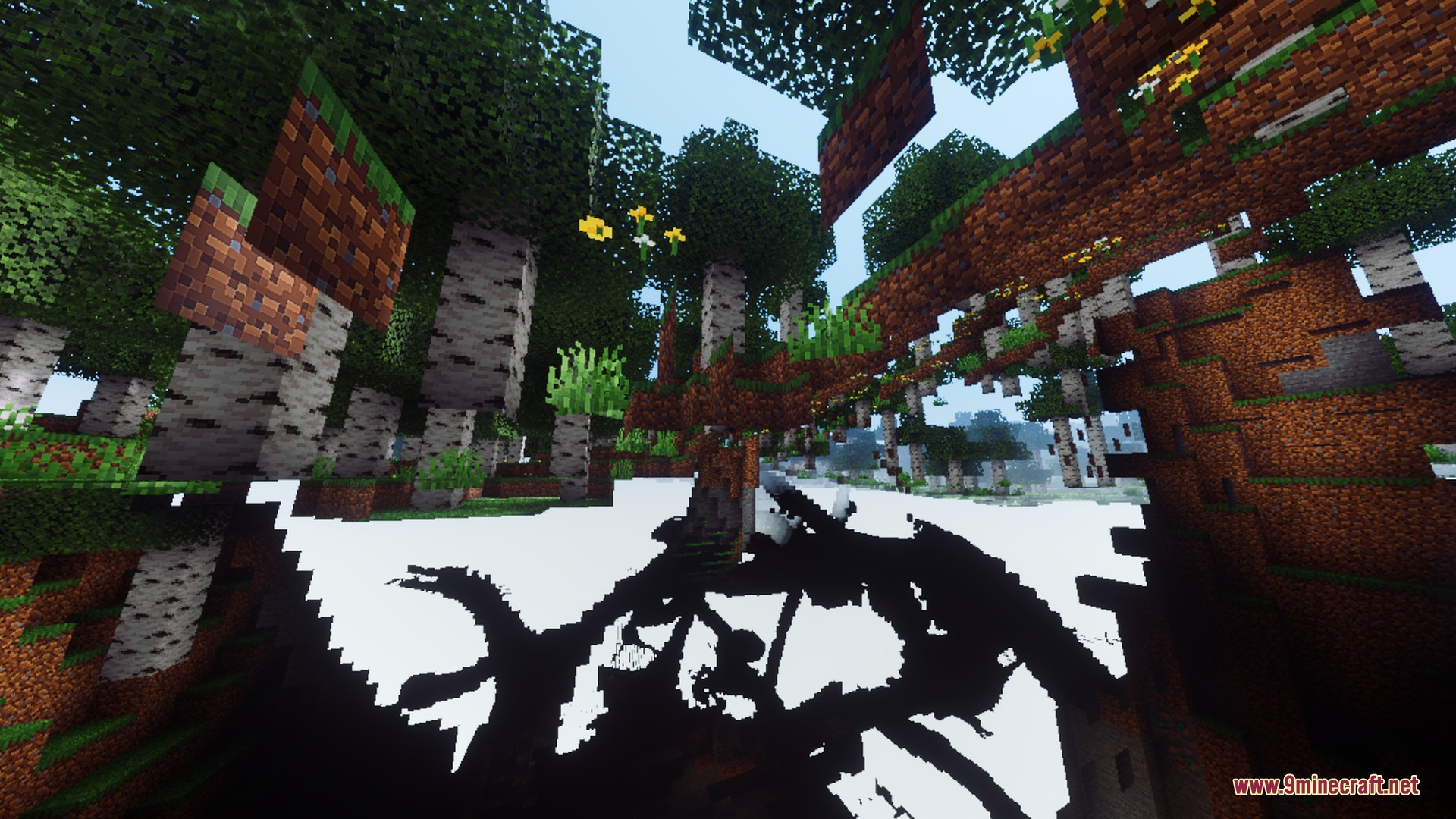 Pie Shader Screenshot 9 Floating birch trees and grass blocks casting a large dark shadow on white ground