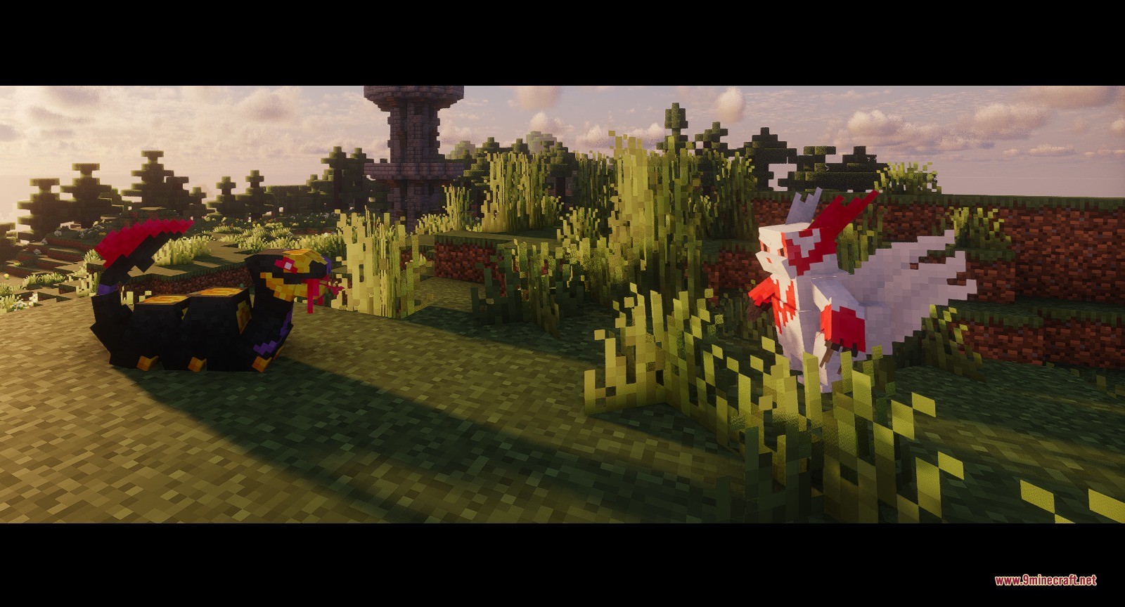 Zangoose and Seviper face each other in a grassy Minecraft field