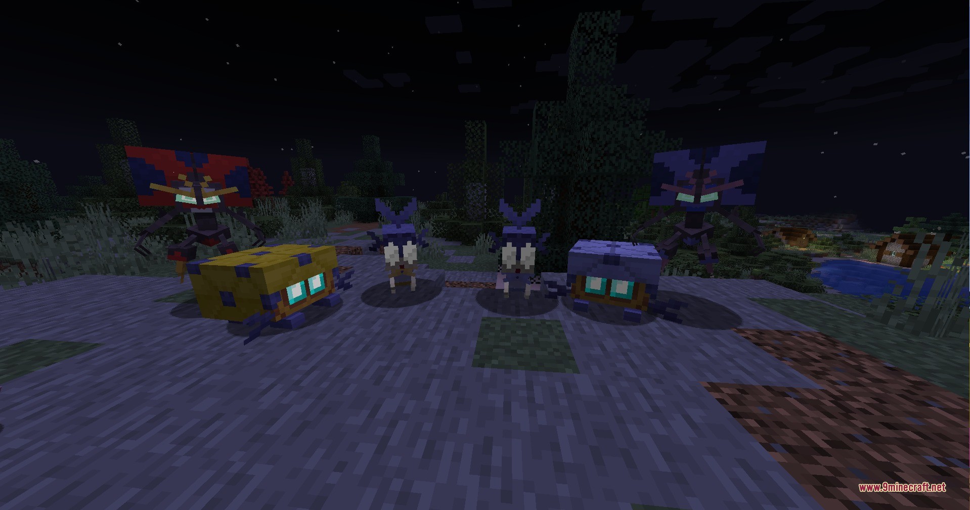 Blipbug Dottler and Orbeetle models standing in a dark forest at night