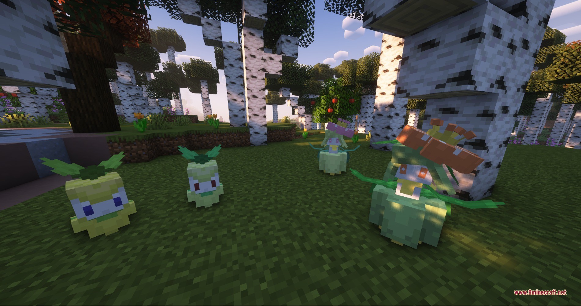 Petilil and Lilligant Pokemon models standing in a sunny birch forest biome