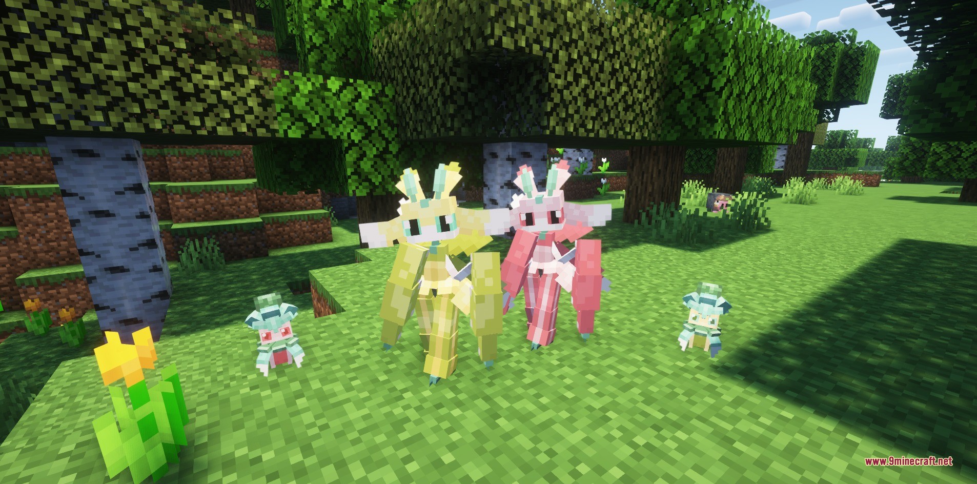 Custom Lurantis and Fomantis models standing in a lush green forest biome