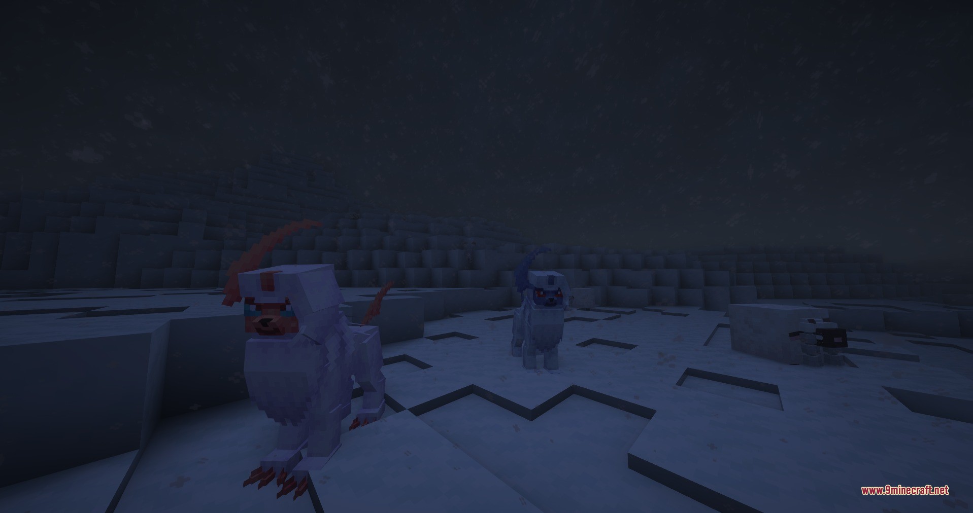 Two Absol variants standing on snow in a dark Minecraft biome