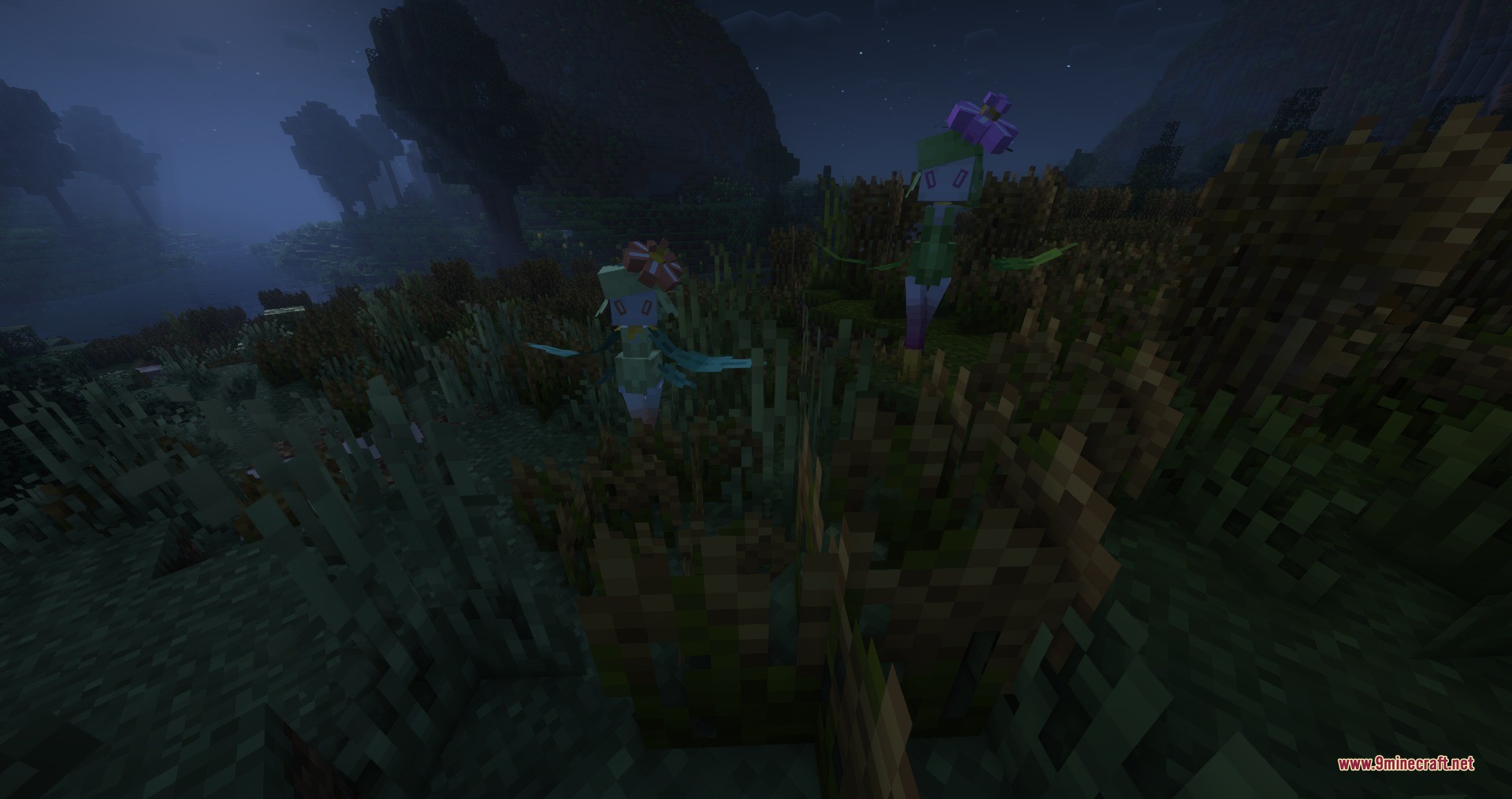 Two custom Petilil models standing in tall grass during a dark Minecraft night