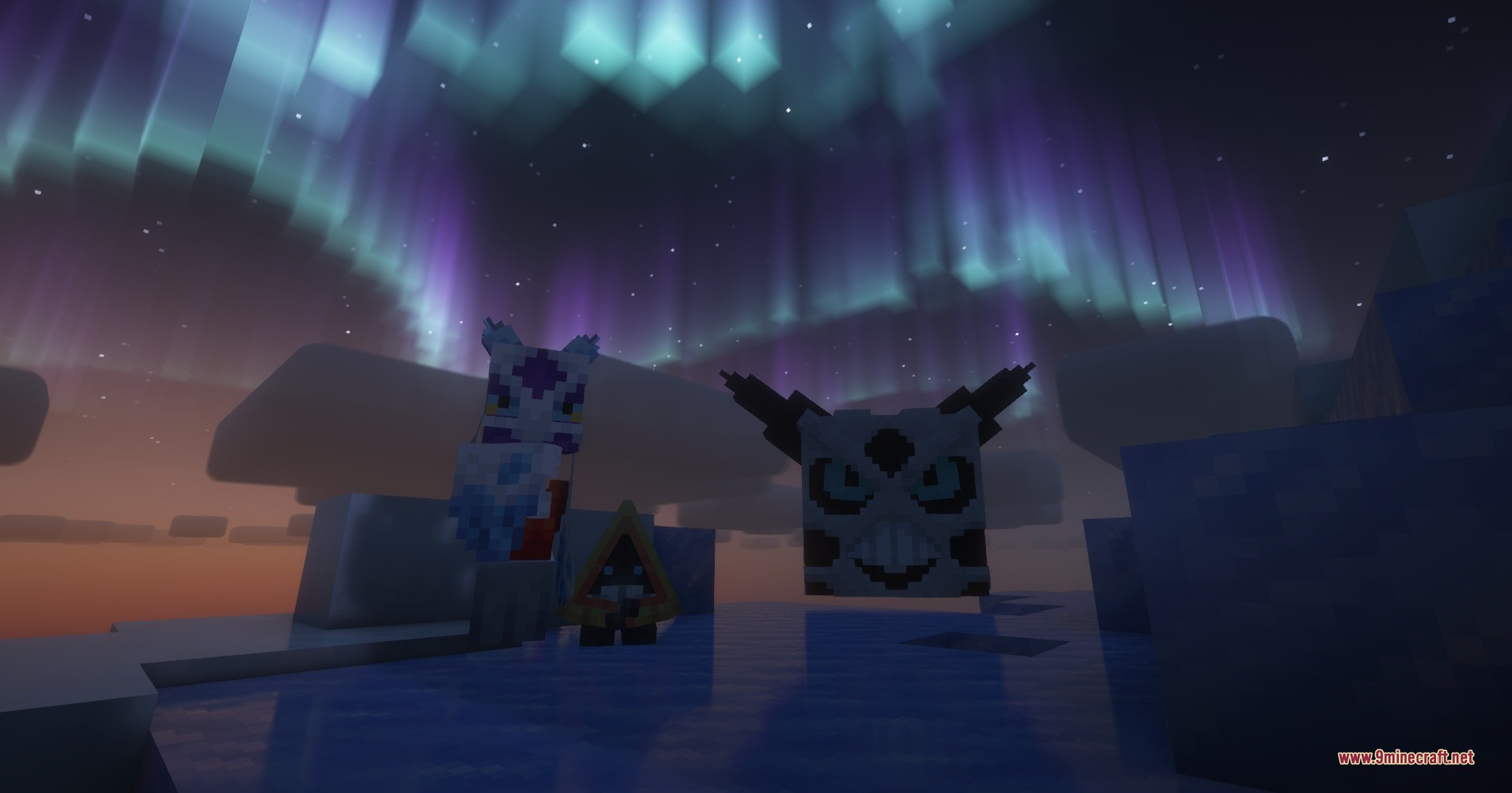 Glalie Froslass and Snorunt models standing on ice under a beautiful aurora sky