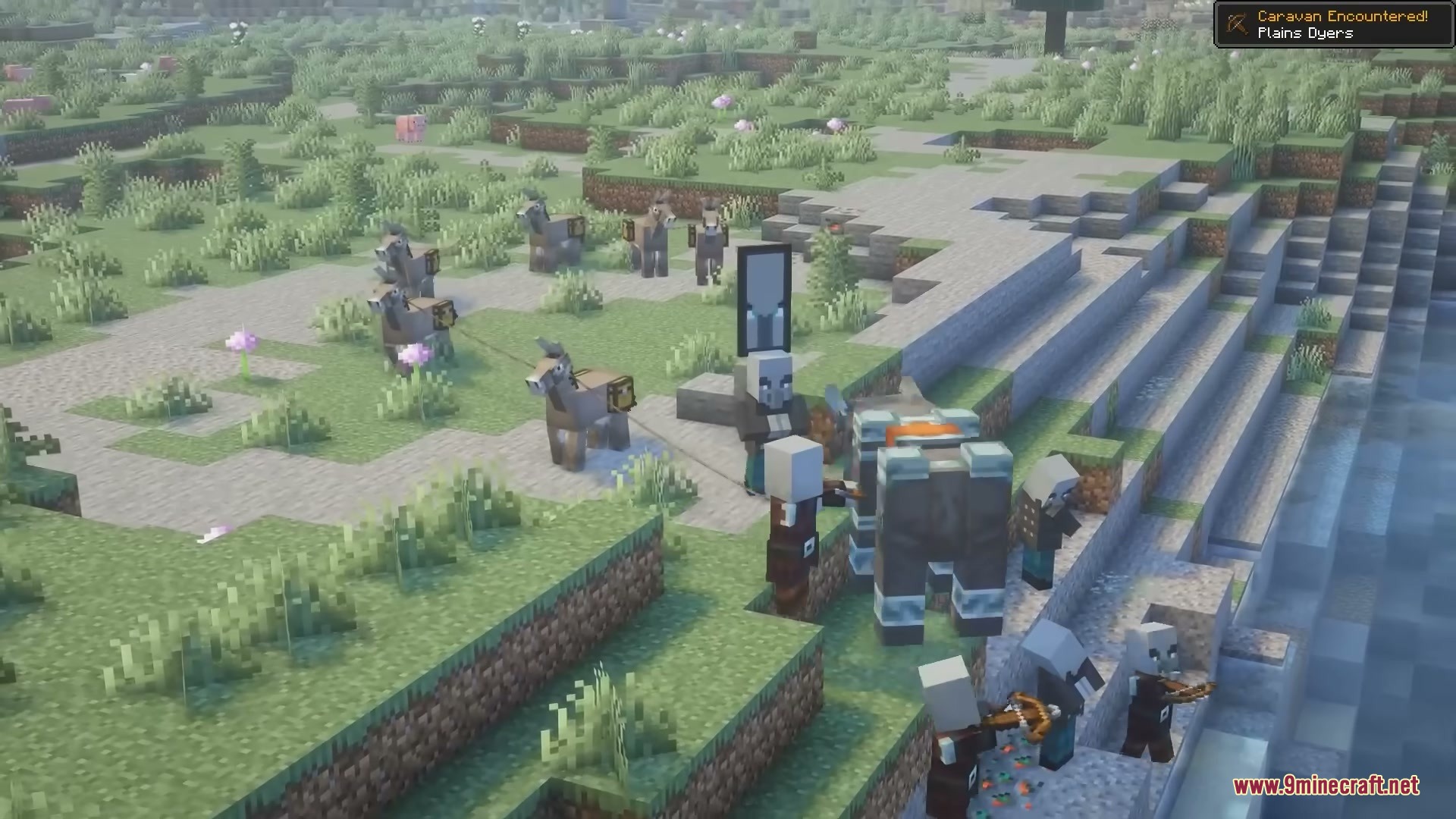 Pillager Caravans Mod Screenshot 1 Pillagers and a ravager leading a pack animal caravan through the plains