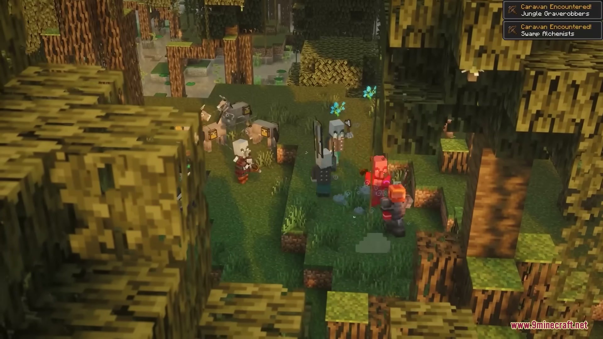 Pillager Caravans Mod Screenshot 10 A caravan of Pillagers and pack animals travels through a swampy biome