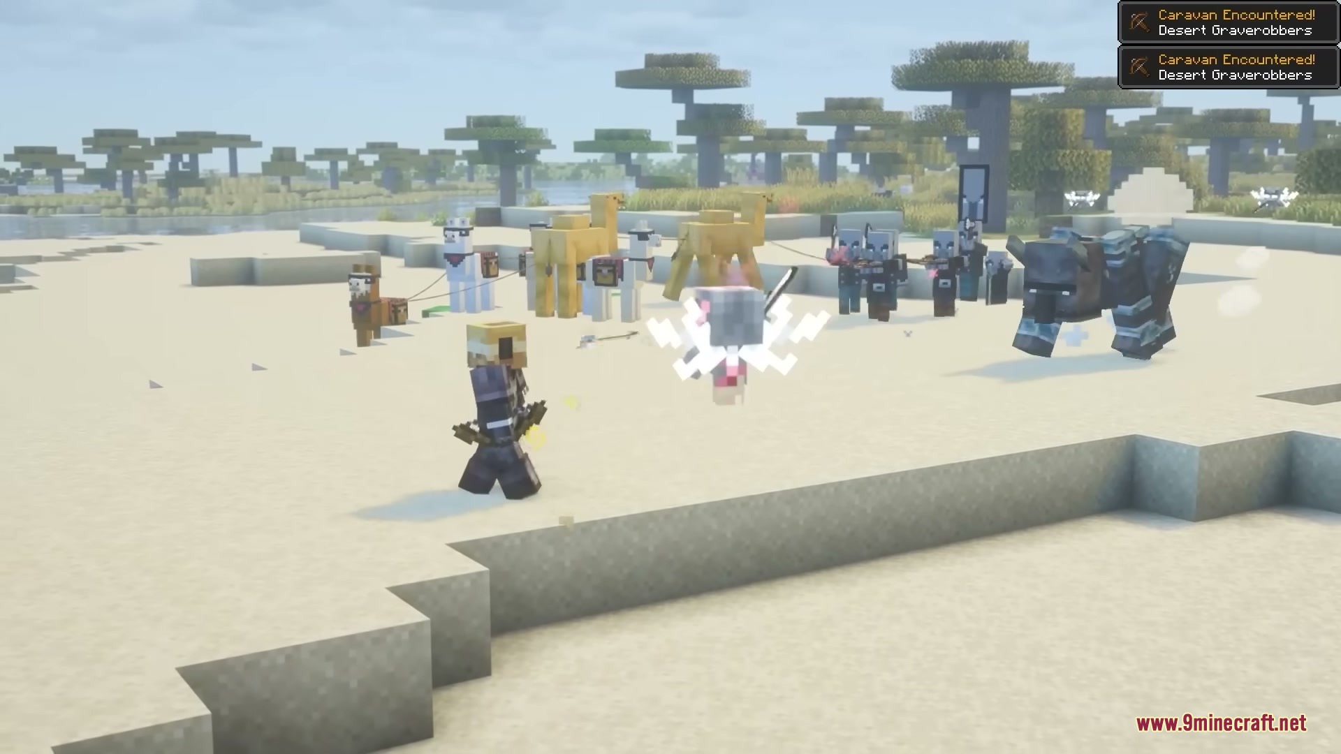 Pillager Caravans Mod Screenshot 2 A player fighting a pillager caravan with camels in the desert biome