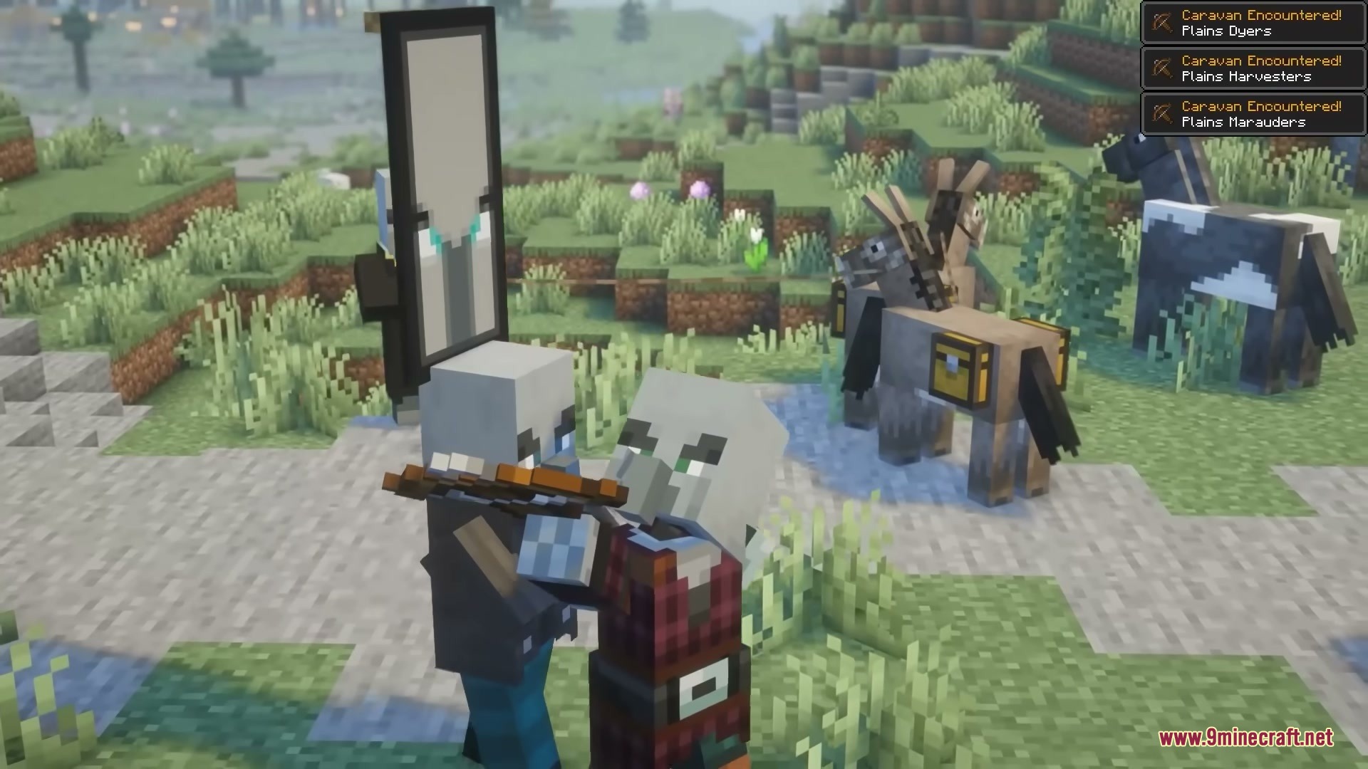 Pillager Caravans Mod Screenshot 3 A pillager and vindicator standing near a donkey carrying a storage chest
