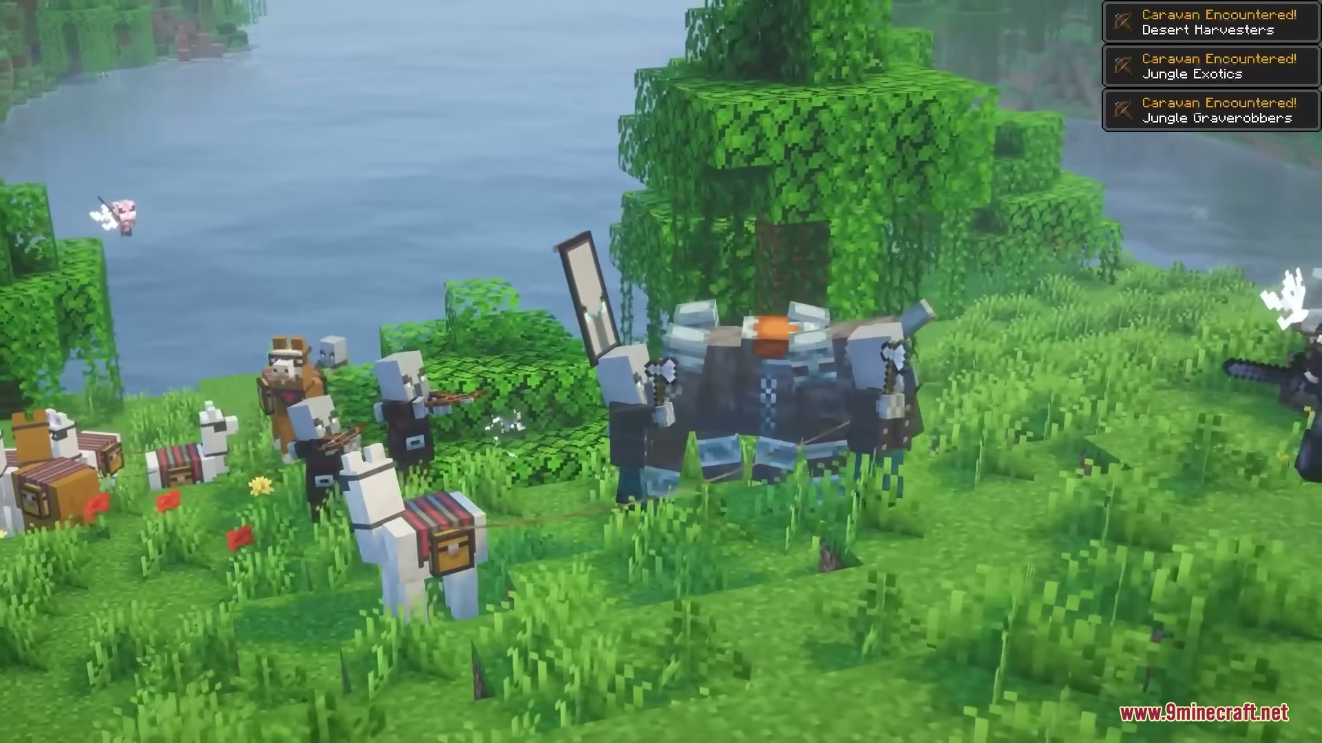 Pillager Caravans Mod Screenshot 4 Traveling pillager caravan with pack animals and a ravager in the jungle