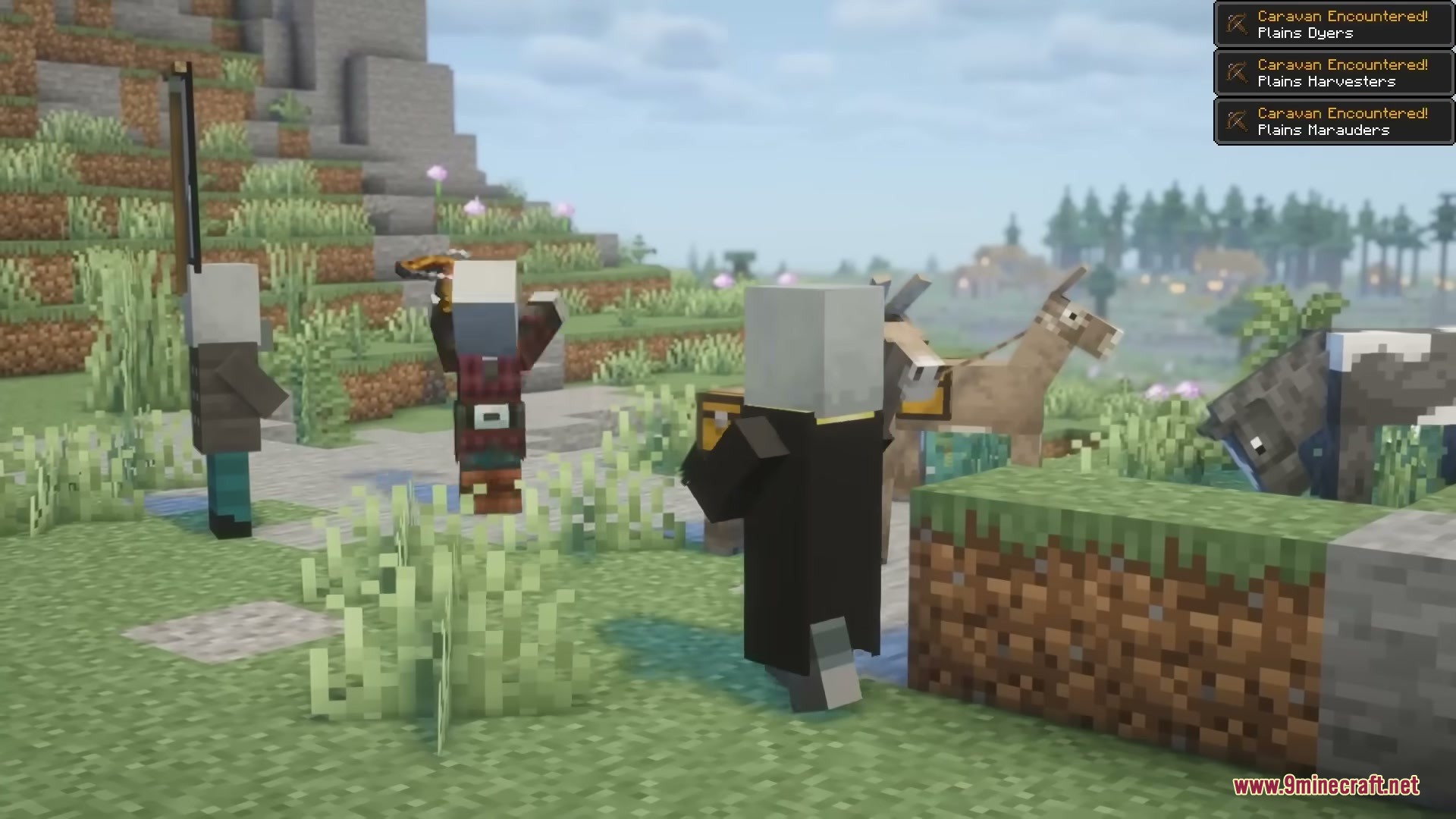 Pillager Caravans Mod Screenshot 8 Illagers protect a traveling caravan of donkeys carrying chests through the plains