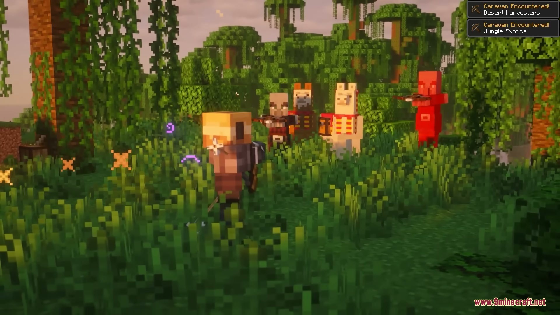 Pillager Caravans Mod Screenshot 9 A player aims a weapon at a Pillager caravan with a llama
