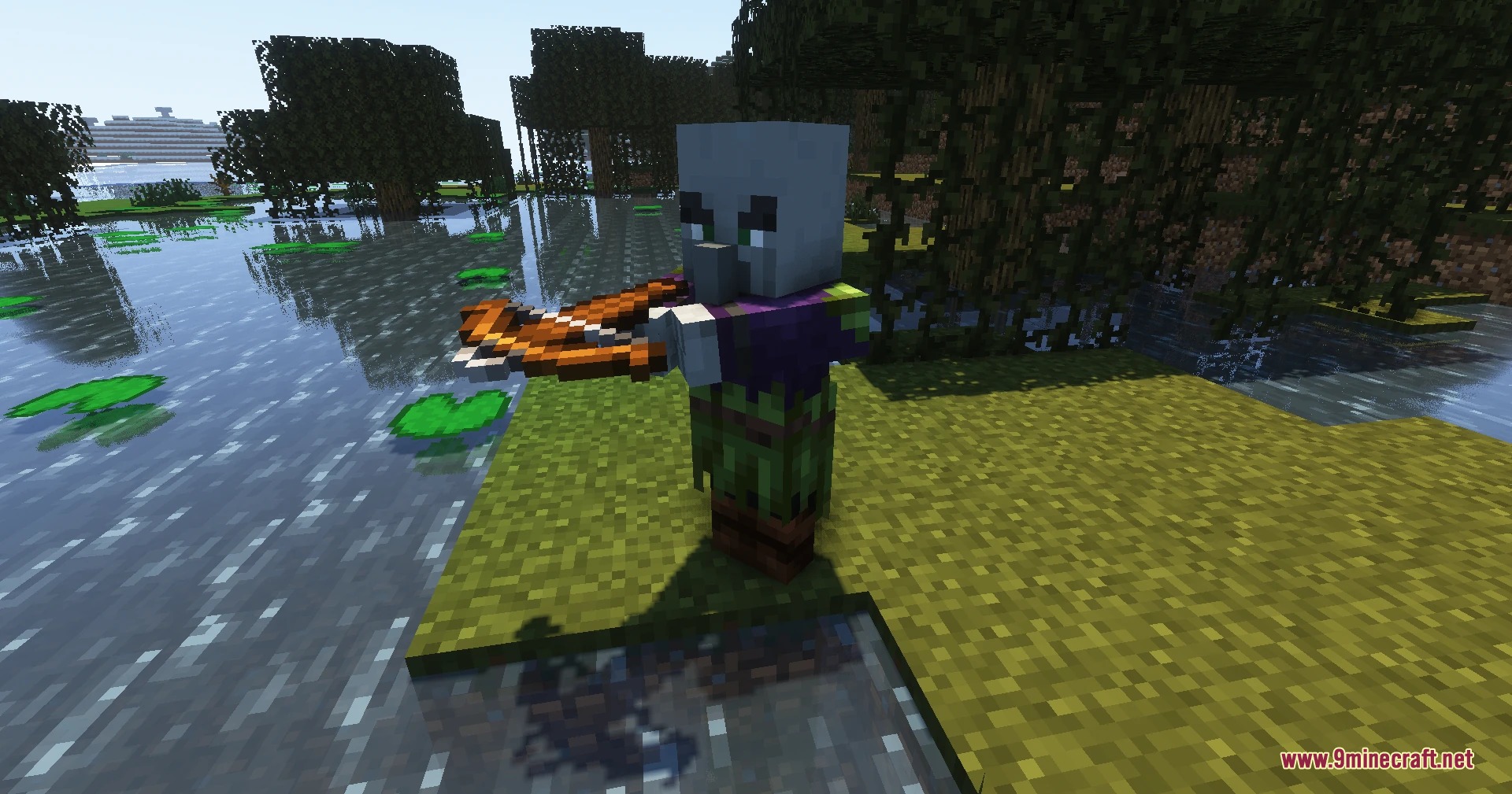Pillagers Plus Mod Screenshot 1 A pillager wearing swamp clothing holding a crossbow near the water